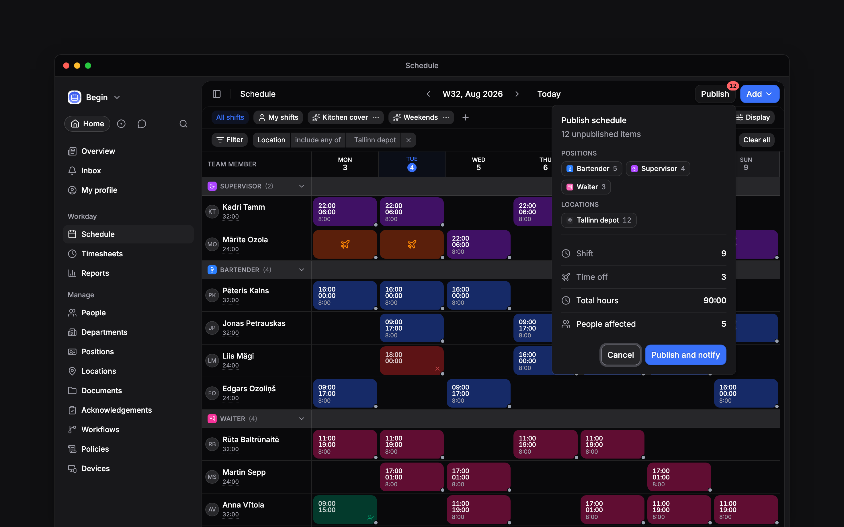 The Publish popover open over a week of the schedule: chips counting five bartender, four supervisor and three waiter blocks, a chip for the Tallinn depot, rows counting nine shifts and three time-off blocks, then Total hours of 90:00 and 5 people affected, above Cancel and Publish and notify