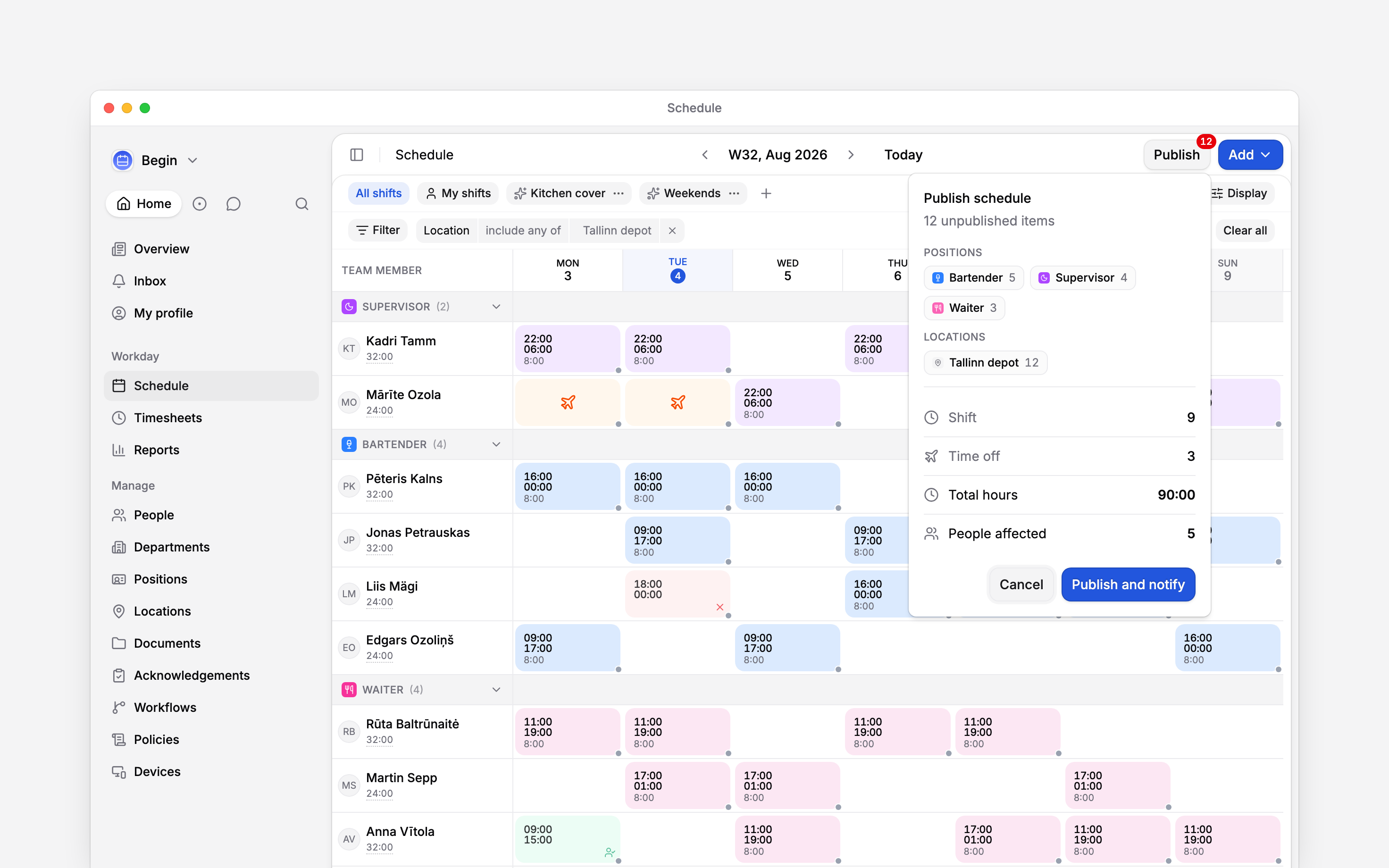 The Publish popover open over a week of the schedule: chips counting five bartender, four supervisor and three waiter blocks, a chip for the Tallinn depot, rows counting nine shifts and three time-off blocks, then Total hours of 90:00 and 5 people affected, above Cancel and Publish and notify