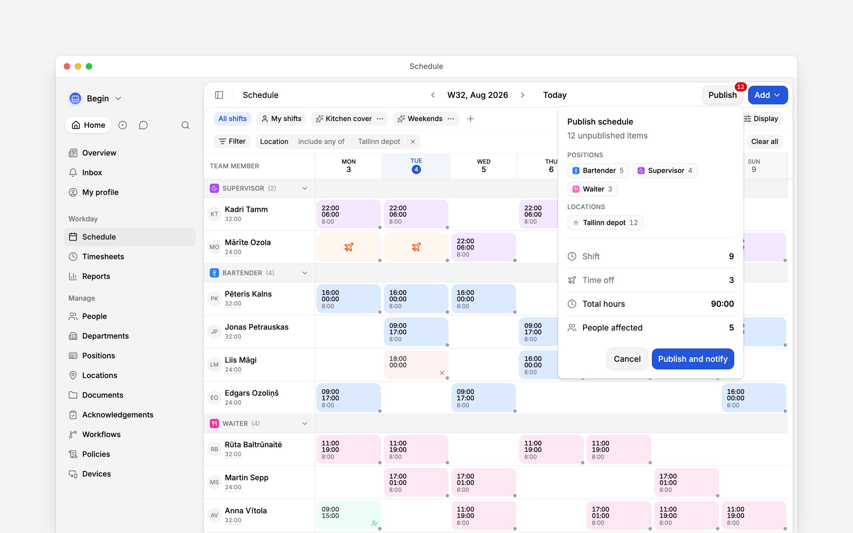 The Publish popover open over a week of the schedule: chips counting five bartender, four supervisor and three waiter blocks, a chip for the Tallinn depot, rows counting nine shifts and three time-off blocks, then Total hours of 90:00 and 5 people affected, above Cancel and Publish and notify
