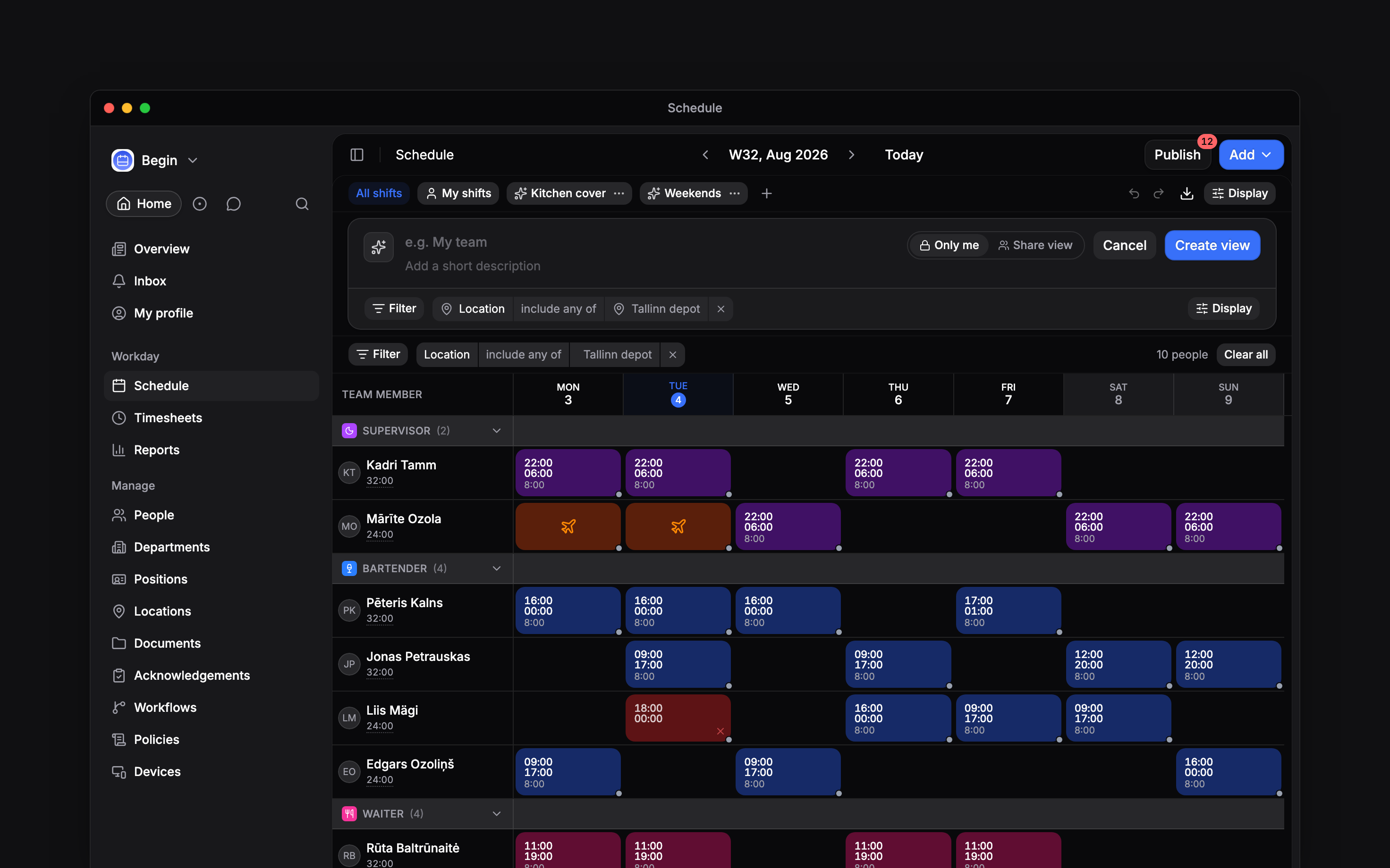 The schedule with the view editor open under the pills: an icon and colour button, an empty name field reading e.g. My team, a short-description line, a choice of Only me or Share view, Cancel and Create view, and under them the location filter the new view has captured from the page