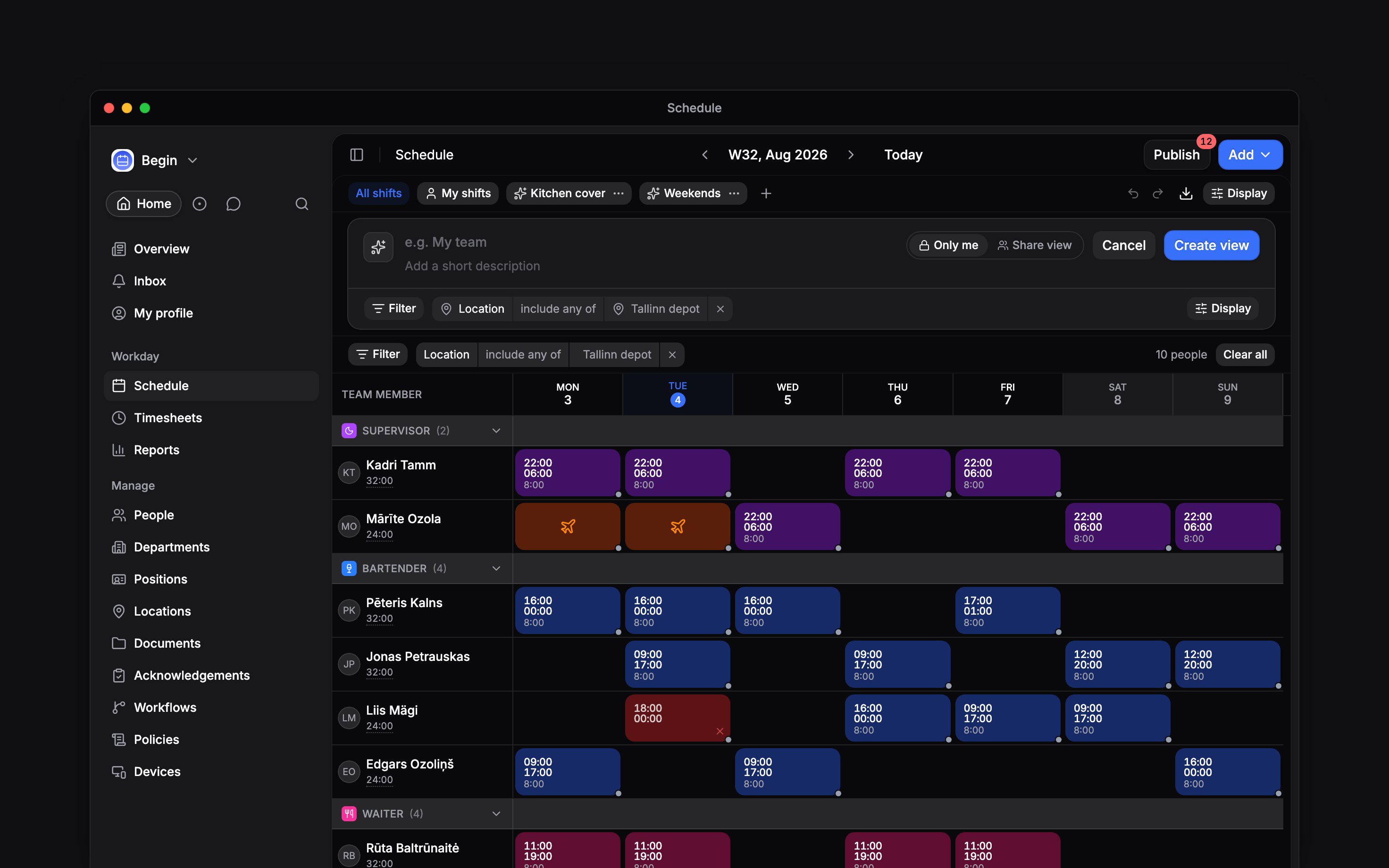 The schedule with the view editor open under the pills: an icon and colour button, an empty name field reading e.g. My team, a short-description line, a choice of Only me or Share view, Cancel and Create view, and under them the location filter the new view has captured from the page