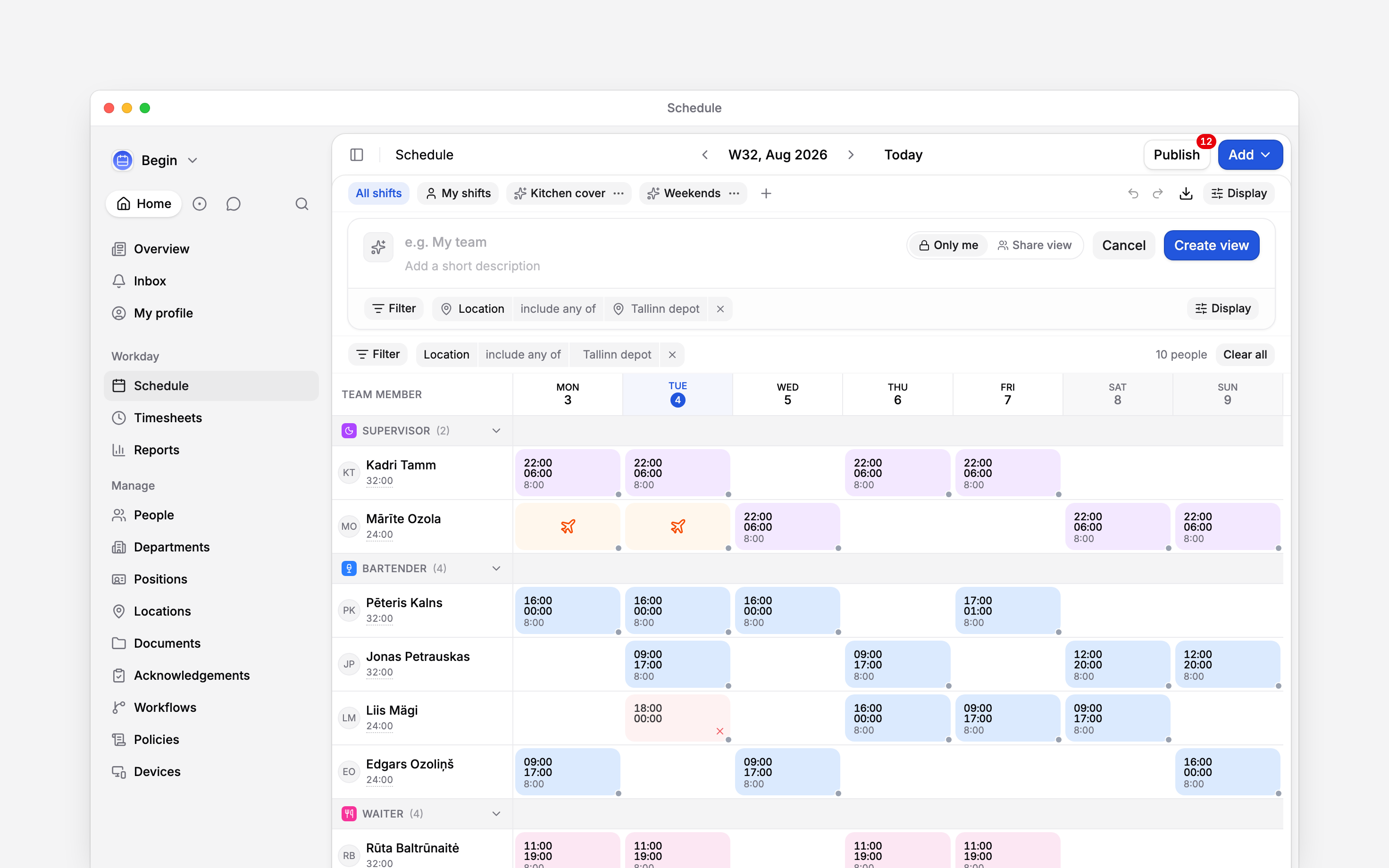 The schedule with the view editor open under the pills: an icon and colour button, an empty name field reading e.g. My team, a short-description line, a choice of Only me or Share view, Cancel and Create view, and under them the location filter the new view has captured from the page