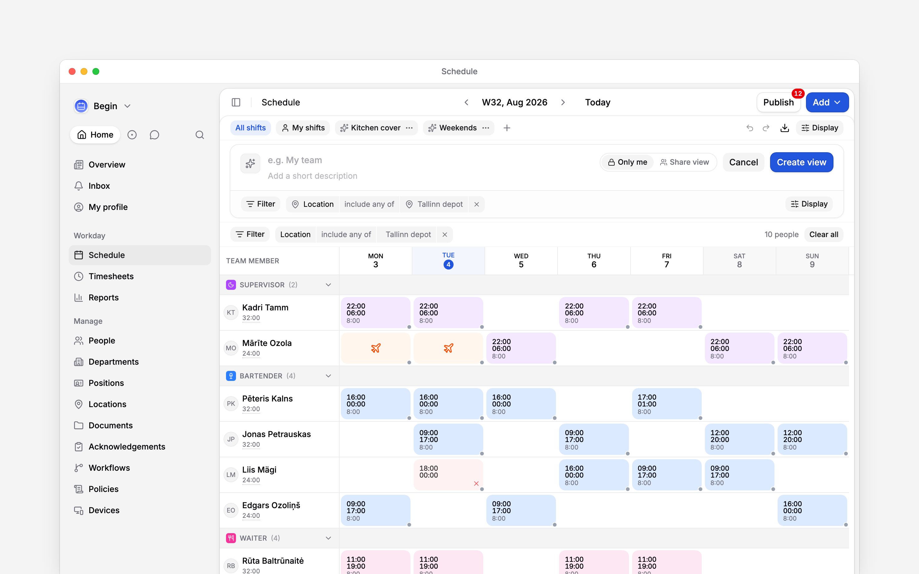 The schedule with the view editor open under the pills: an icon and colour button, an empty name field reading e.g. My team, a short-description line, a choice of Only me or Share view, Cancel and Create view, and under them the location filter the new view has captured from the page