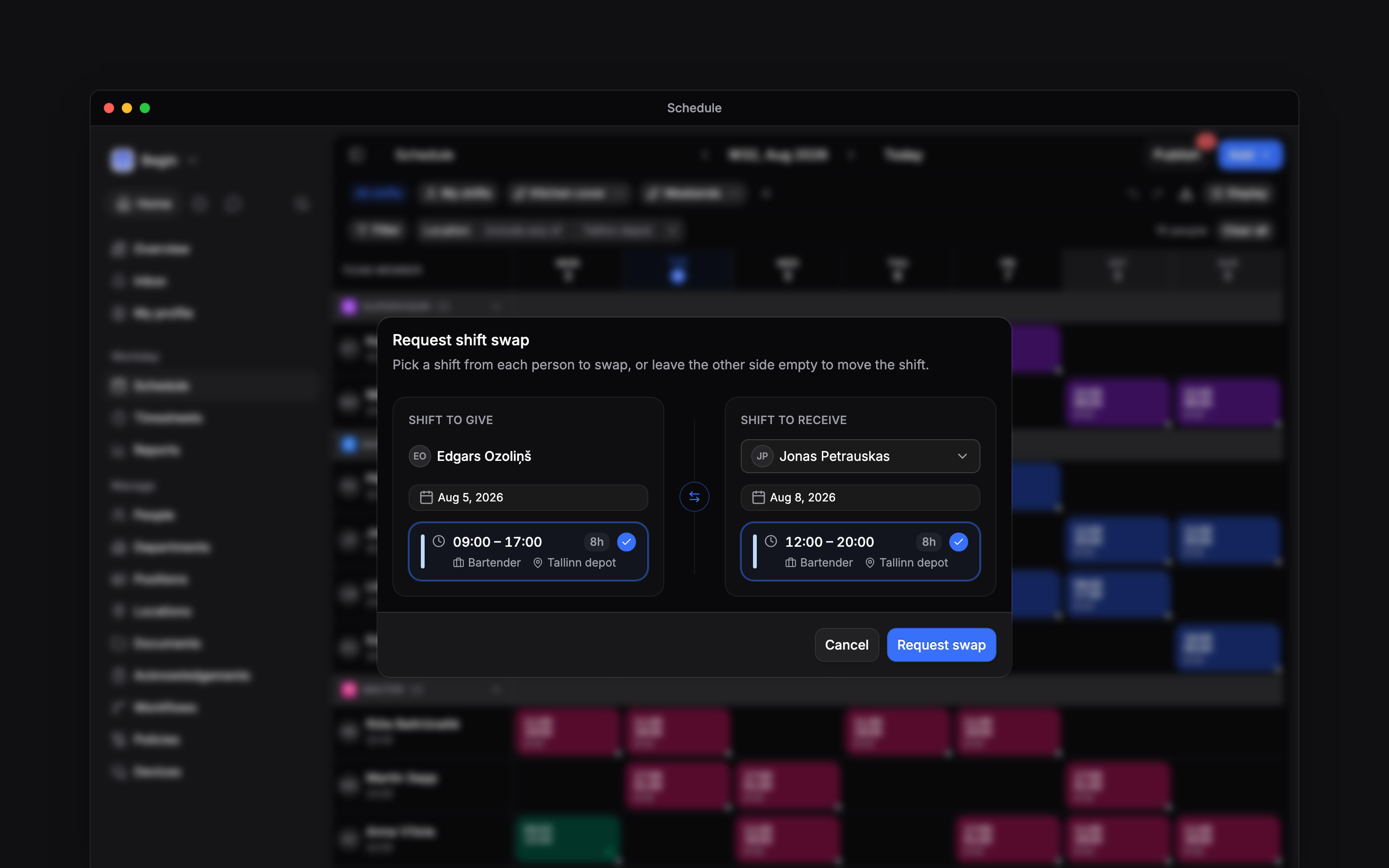 The Request shift swap dialog over the blurred schedule: Edgars Ozoliņš giving his Wednesday 5 August shift, 09:00 to 17:00 as a bartender at Tallinn depot, and Jonas Petrauskas giving his Saturday 8 August shift, 12:00 to 20:00, with Request swap below