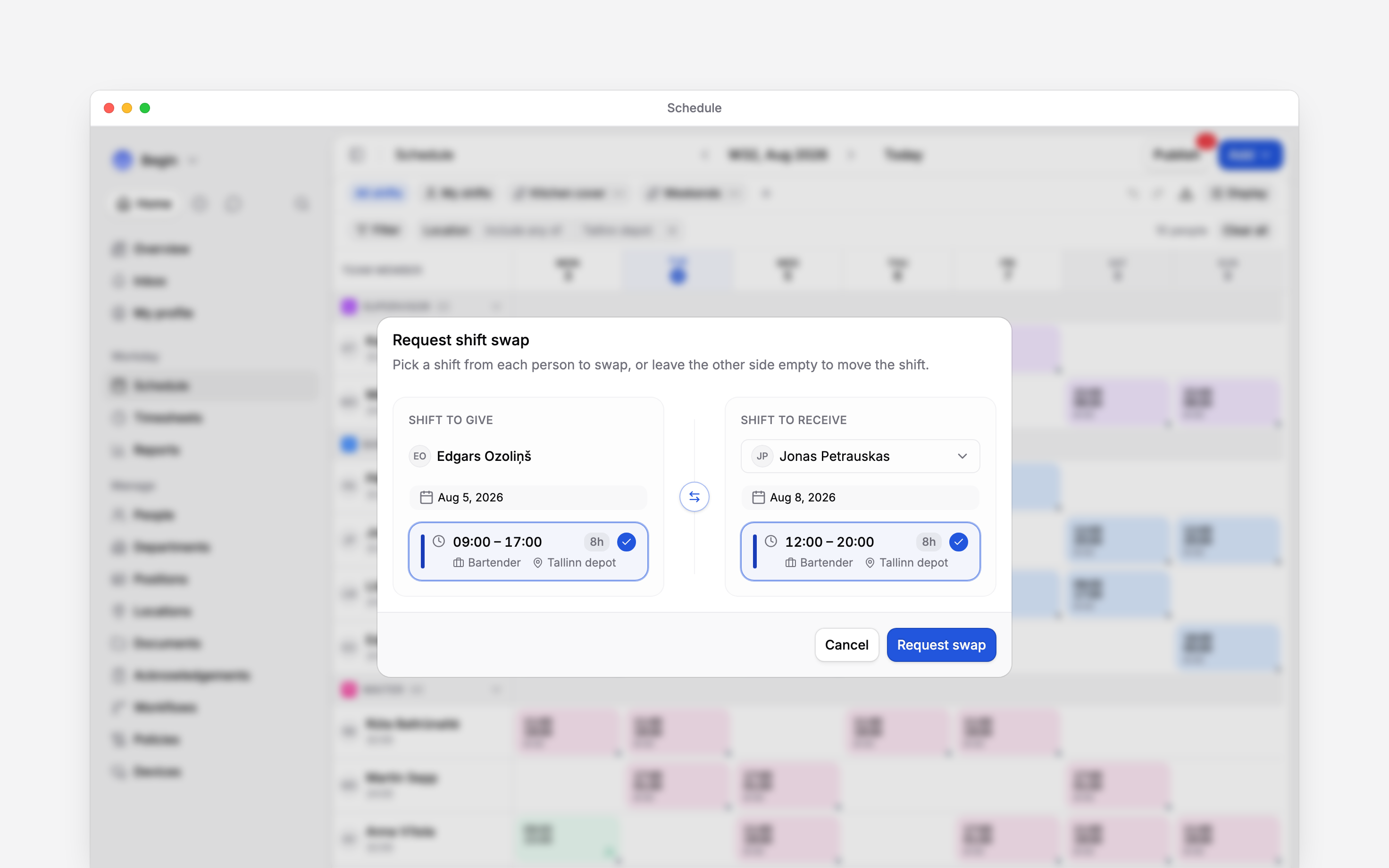 The Request shift swap dialog over the blurred schedule: Edgars Ozoliņš giving his Wednesday 5 August shift, 09:00 to 17:00 as a bartender at Tallinn depot, and Jonas Petrauskas giving his Saturday 8 August shift, 12:00 to 20:00, with Request swap below