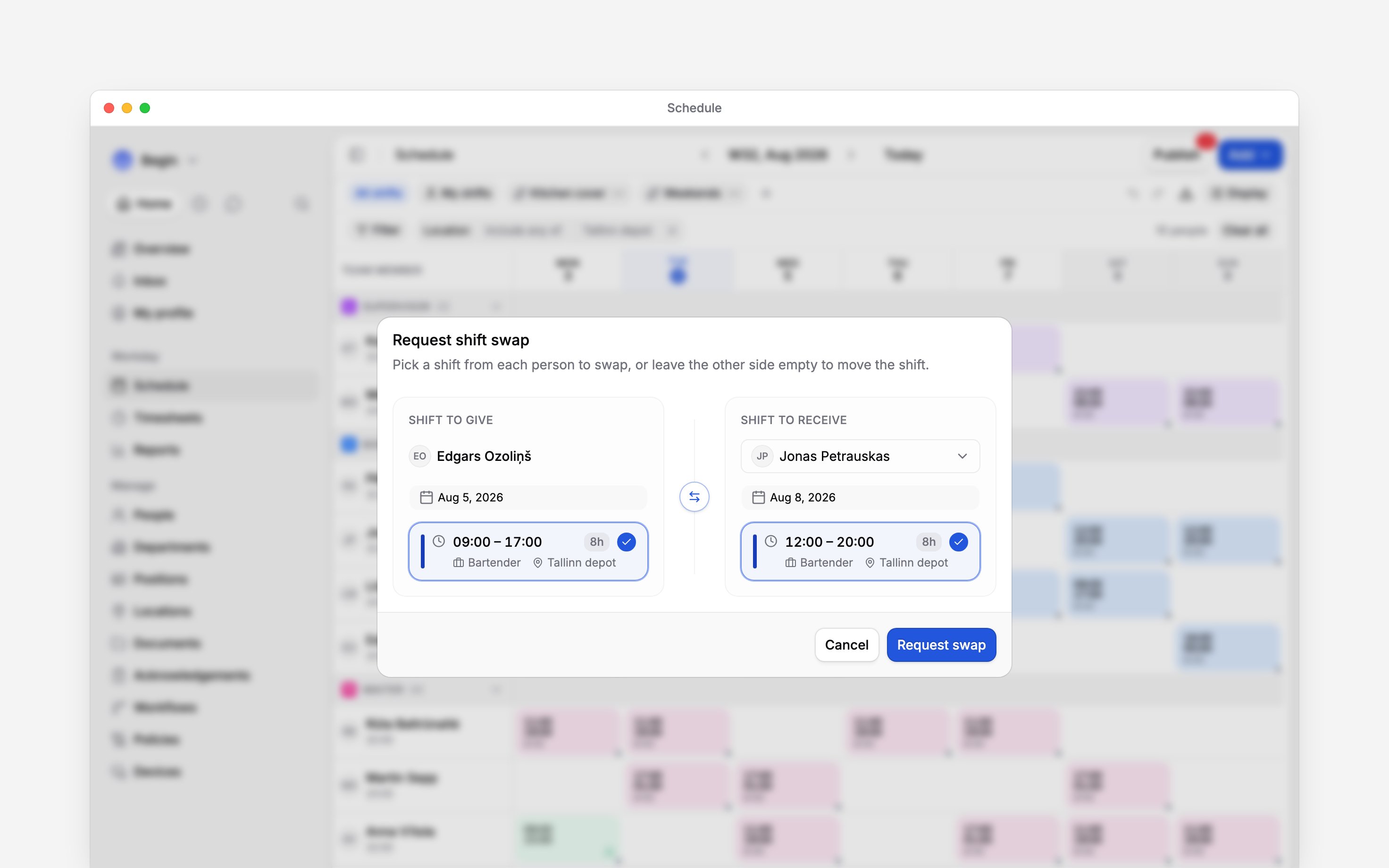 The Request shift swap dialog over the blurred schedule: Edgars Ozoliņš giving his Wednesday 5 August shift, 09:00 to 17:00 as a bartender at Tallinn depot, and Jonas Petrauskas giving his Saturday 8 August shift, 12:00 to 20:00, with Request swap below