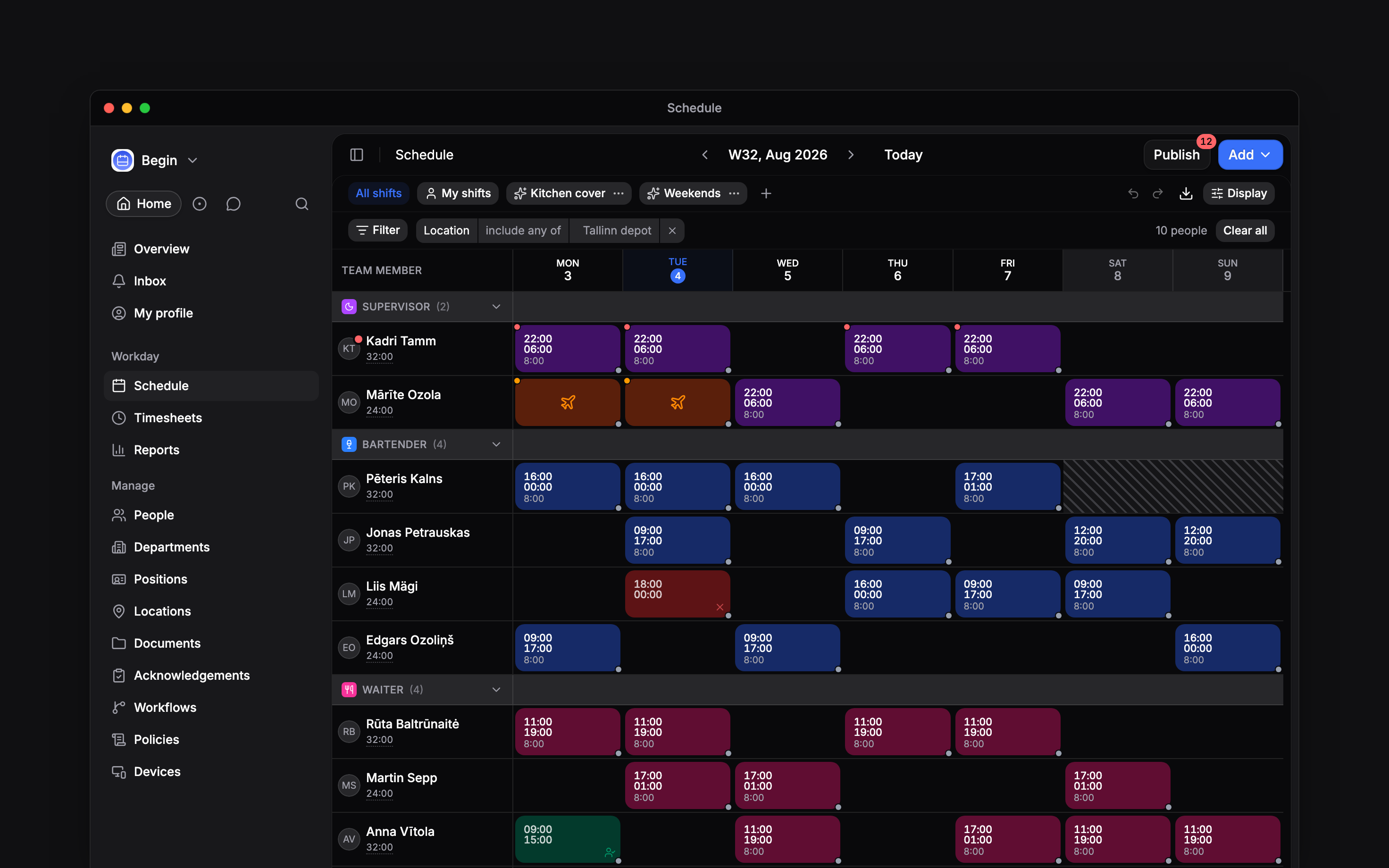 A week of the schedule carrying three marks: red dots on the four night shifts of one supervisor and on her avatar, amber dots on the two time-off blocks in the row below, and diagonal hatching across the Saturday and Sunday of a bartender no contract covers