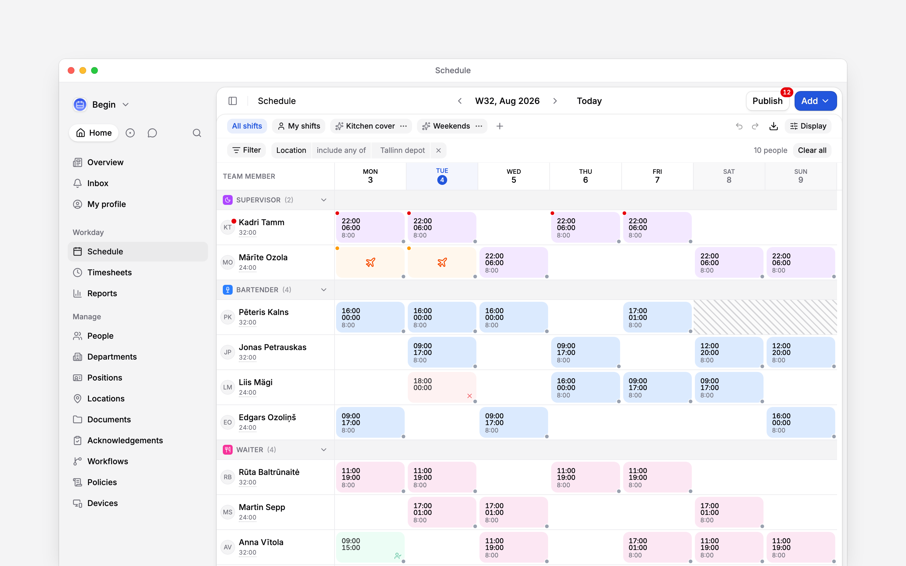 A week of the schedule carrying three marks: red dots on the four night shifts of one supervisor and on her avatar, amber dots on the two time-off blocks in the row below, and diagonal hatching across the Saturday and Sunday of a bartender no contract covers