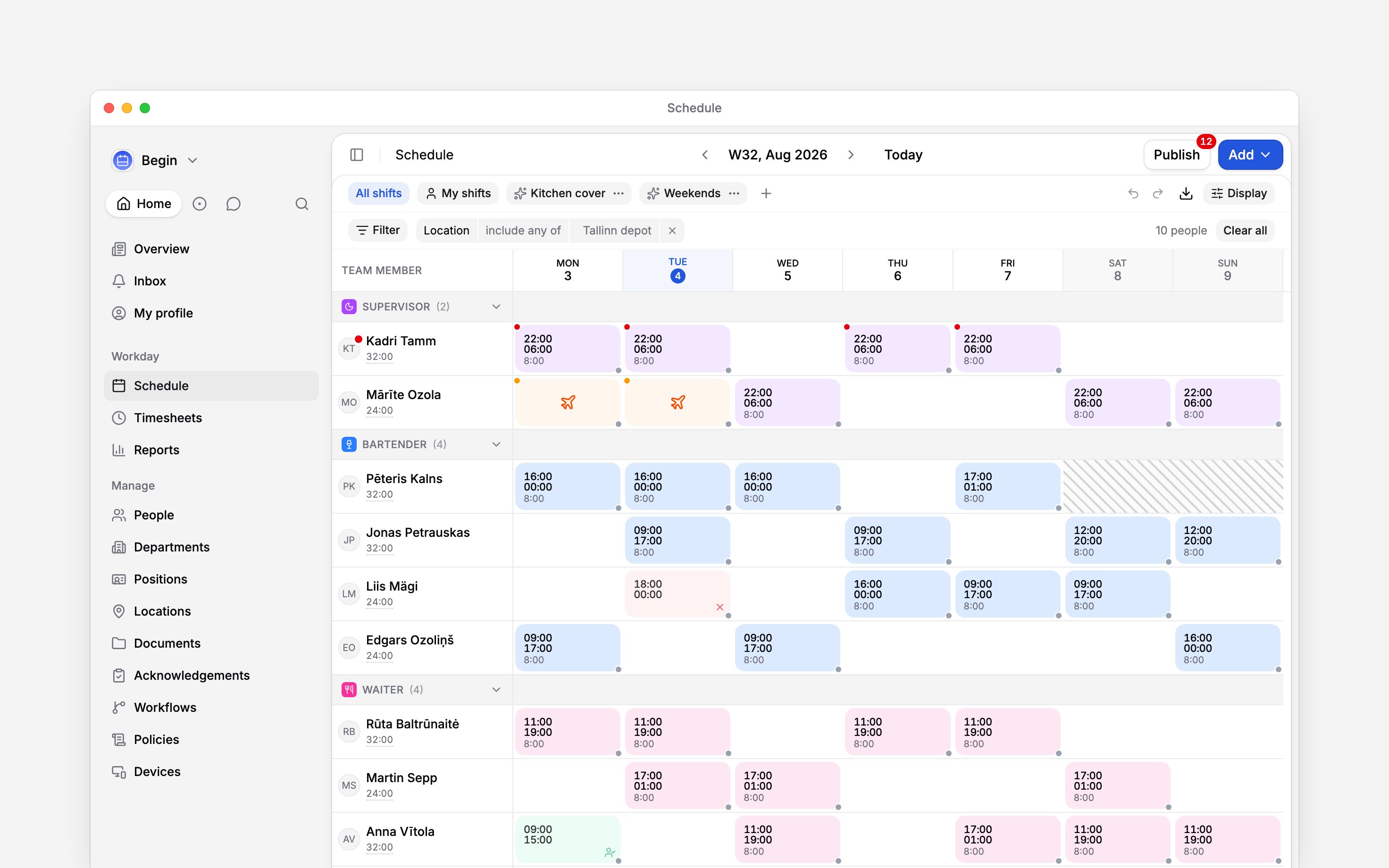 A week of the schedule carrying three marks: red dots on the four night shifts of one supervisor and on her avatar, amber dots on the two time-off blocks in the row below, and diagonal hatching across the Saturday and Sunday of a bartender no contract covers