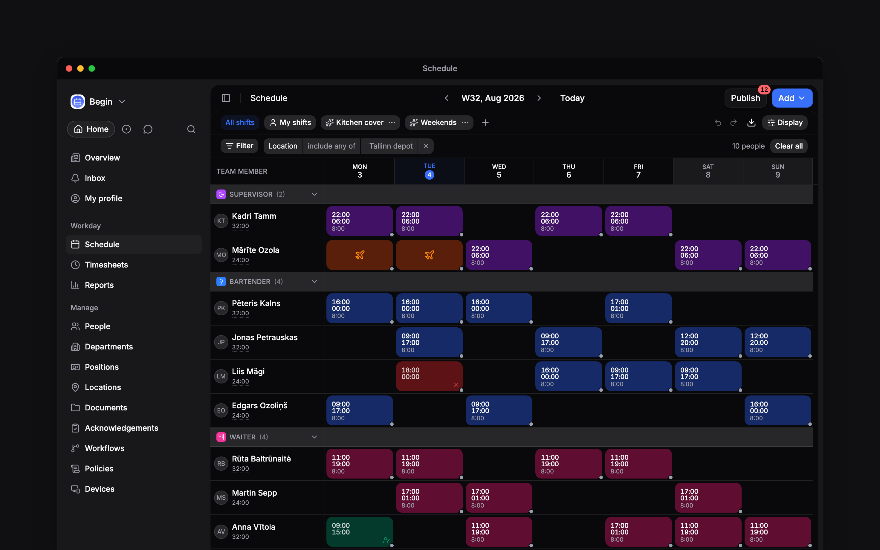 A whole week of the schedule grouped by position: the period and Publish along the top, the saved-view pills and an applied location filter below them, then a band per job whose rows carry coloured shifts alongside orange time off, a green availability window and a red unavailable evening