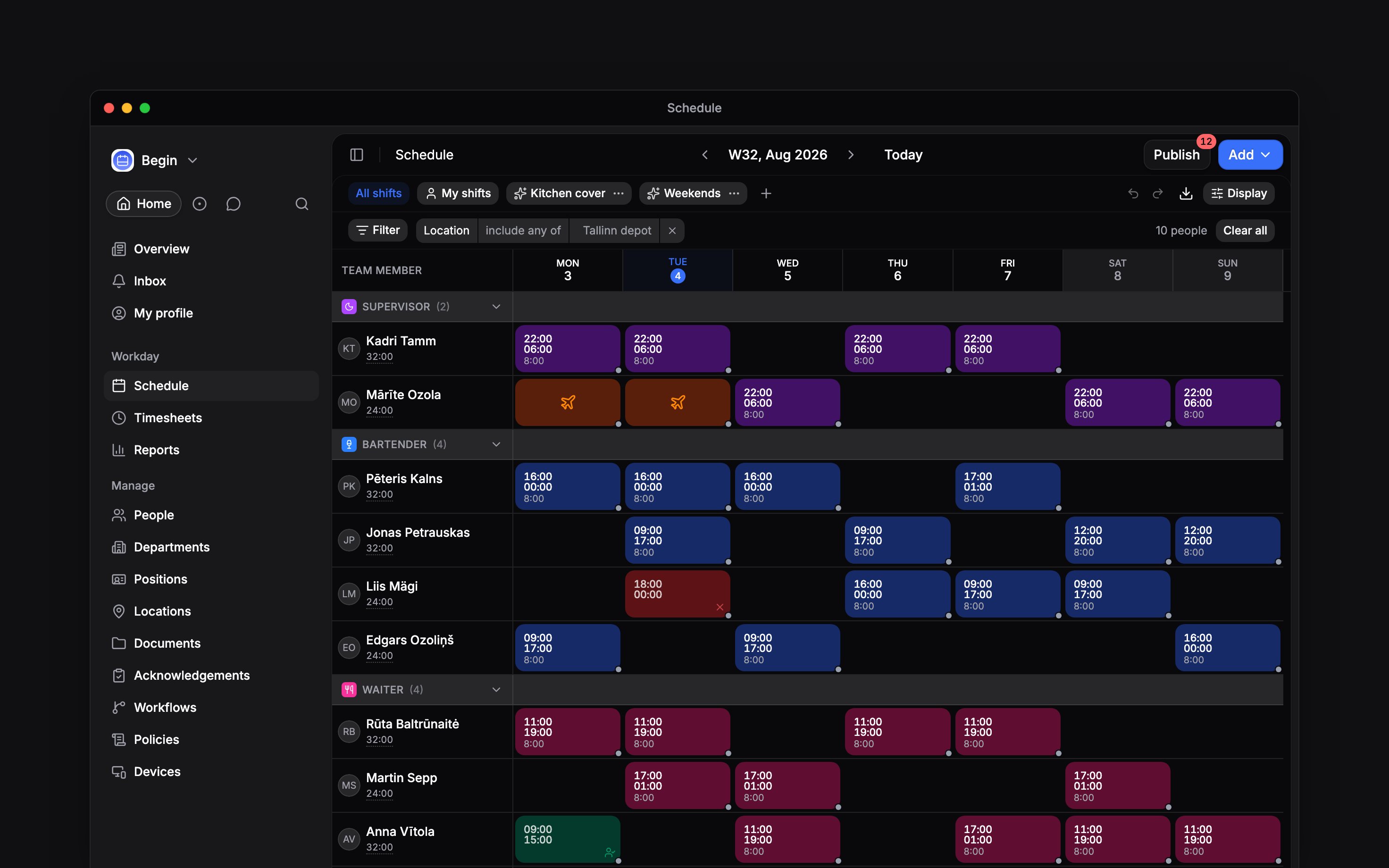 A whole week of the schedule grouped by position: the period and Publish along the top, the saved-view pills and an applied location filter below them, then a band per job whose rows carry coloured shifts alongside orange time off, a green availability window and a red unavailable evening