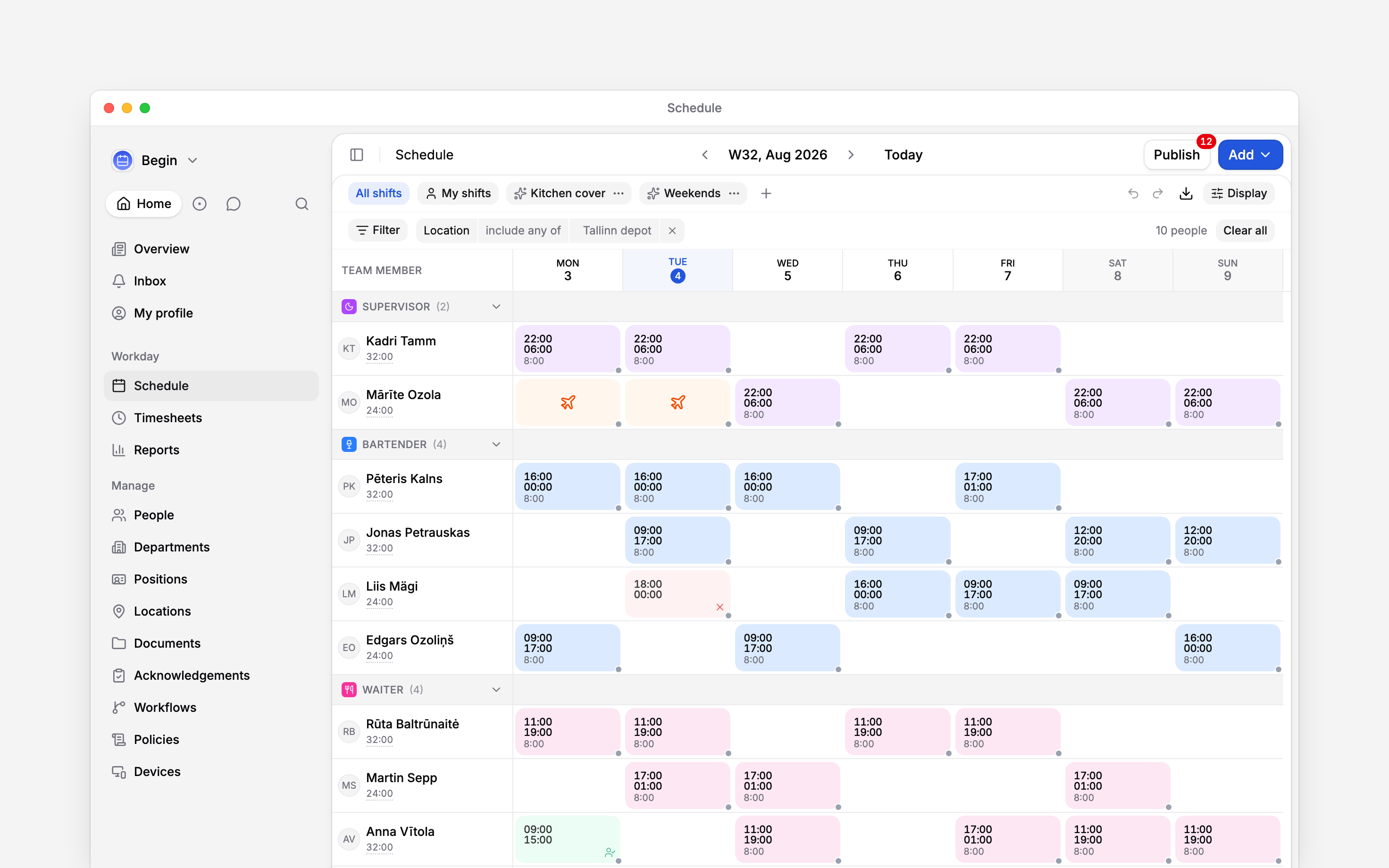 A whole week of the schedule grouped by position: the period and Publish along the top, the saved-view pills and an applied location filter below them, then a band per job whose rows carry coloured shifts alongside orange time off, a green availability window and a red unavailable evening