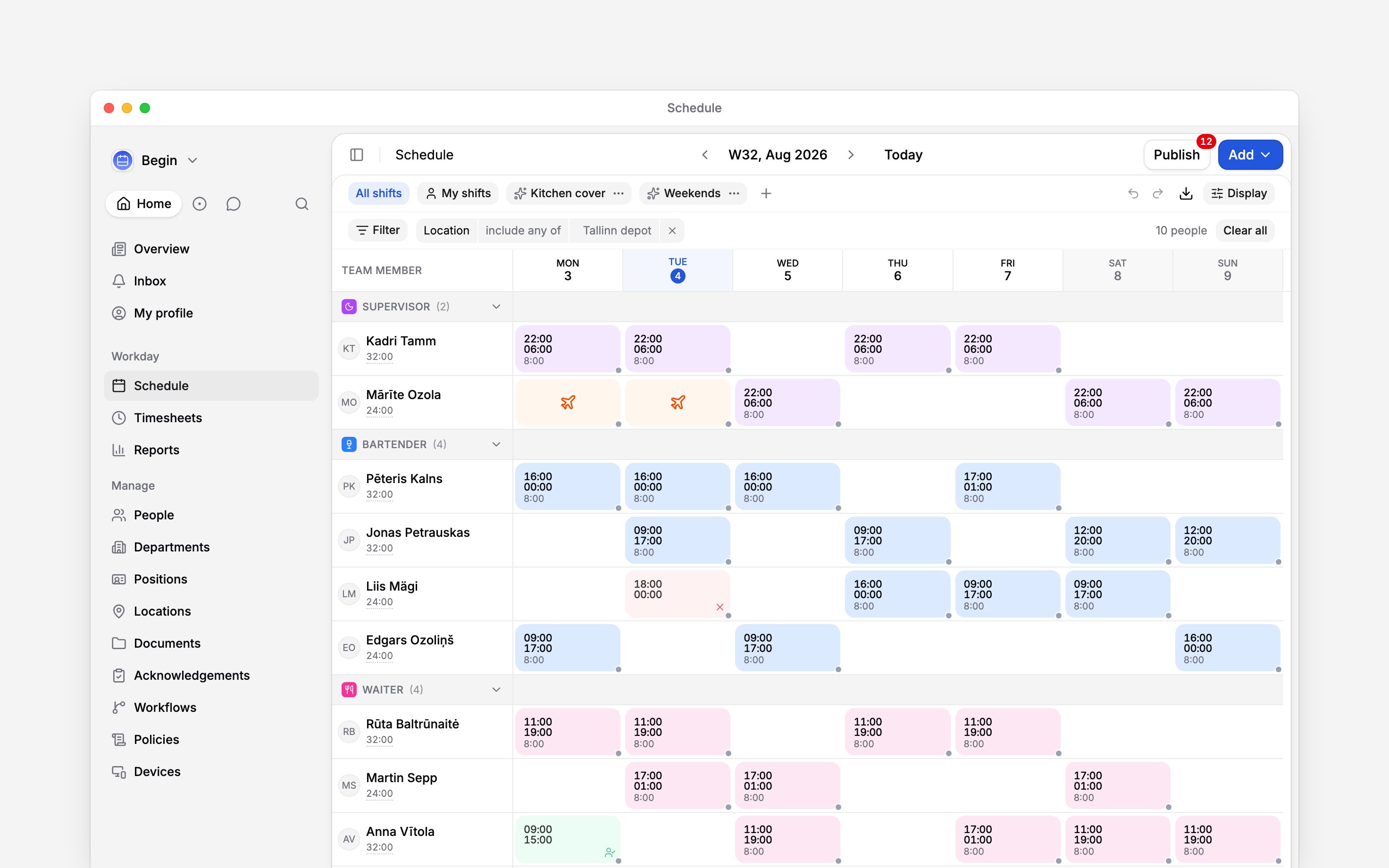 A whole week of the schedule grouped by position: the period and Publish along the top, the saved-view pills and an applied location filter below them, then a band per job whose rows carry coloured shifts alongside orange time off, a green availability window and a red unavailable evening