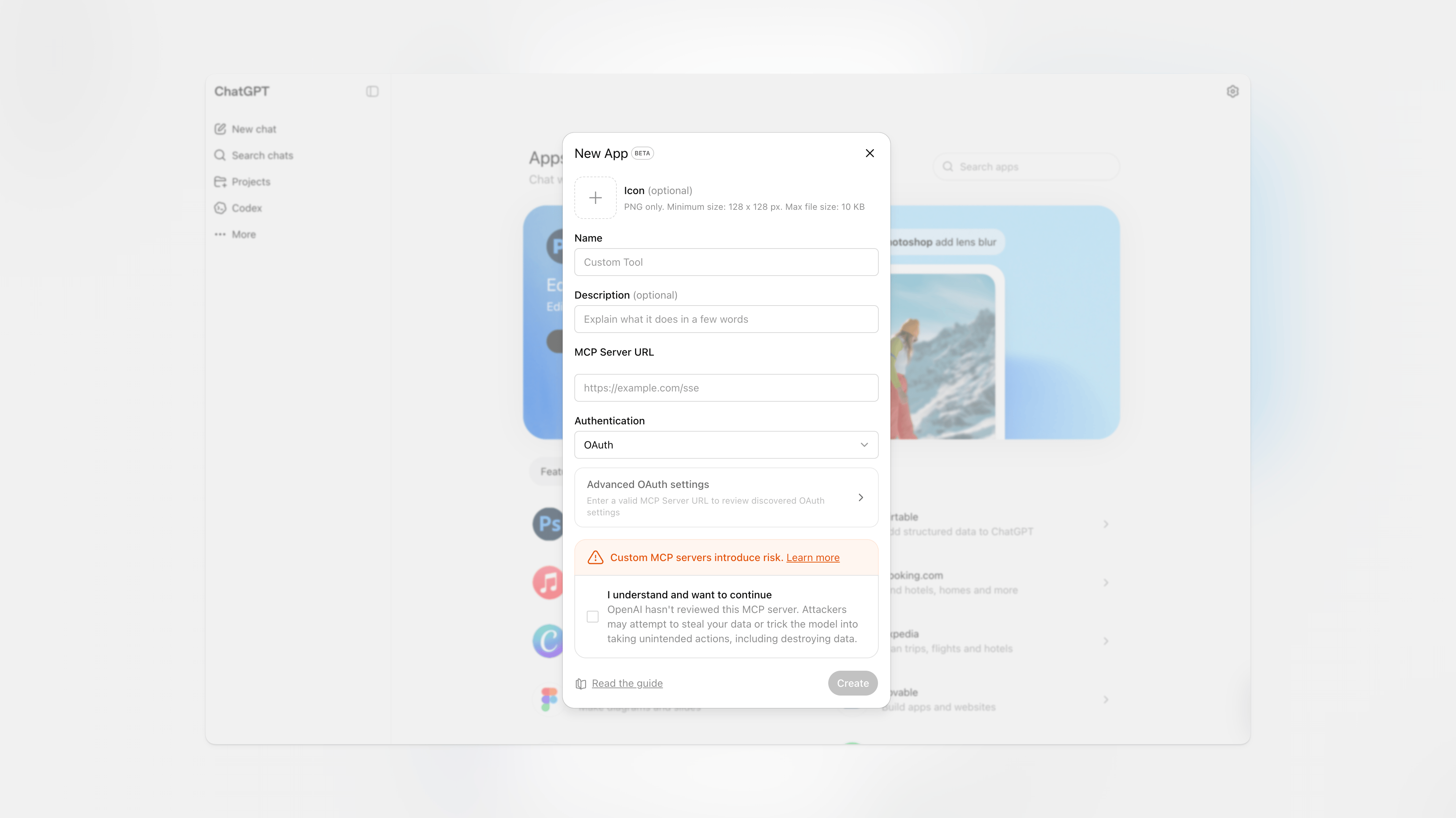 ChatGPT New app dialog with fields for name, description, and MCP server URL