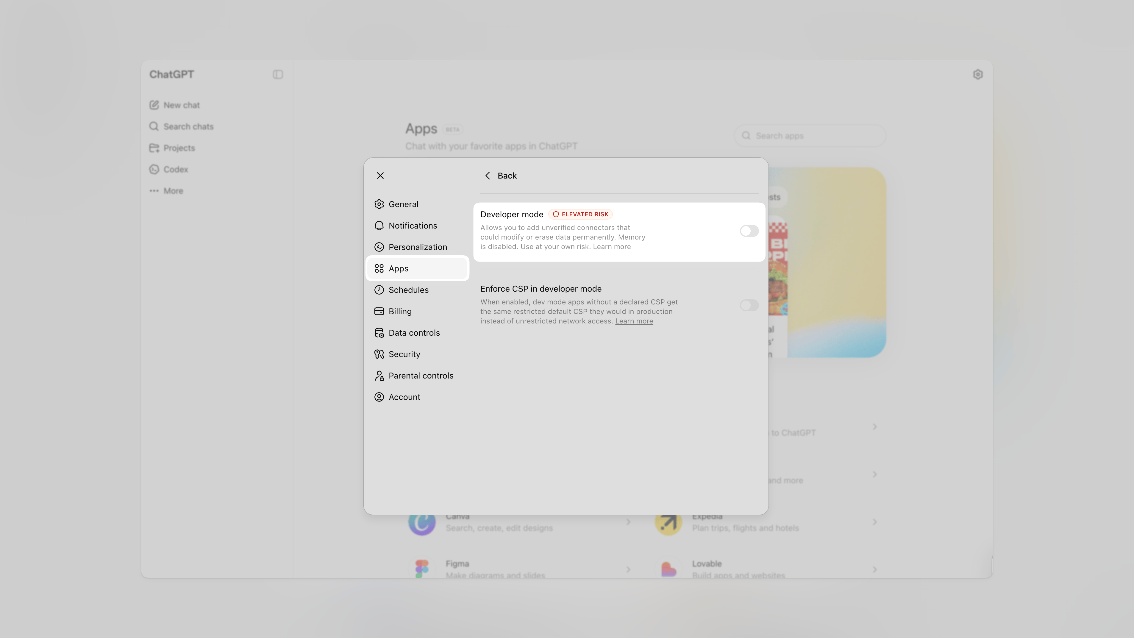 ChatGPT Settings panel with the Developer mode toggle highlighted