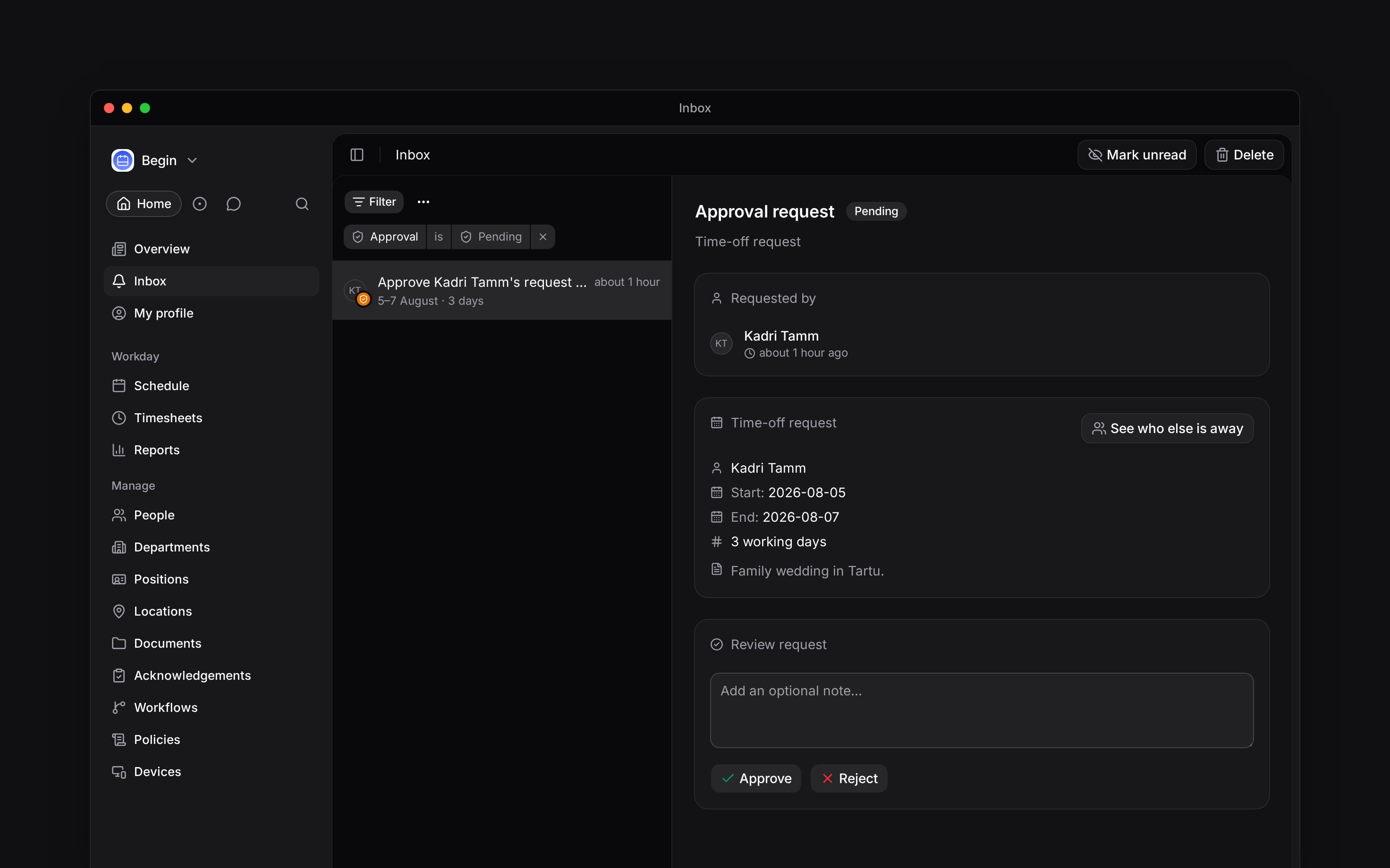 The inbox narrowed to a pending approval with the Approval filter chip above the list