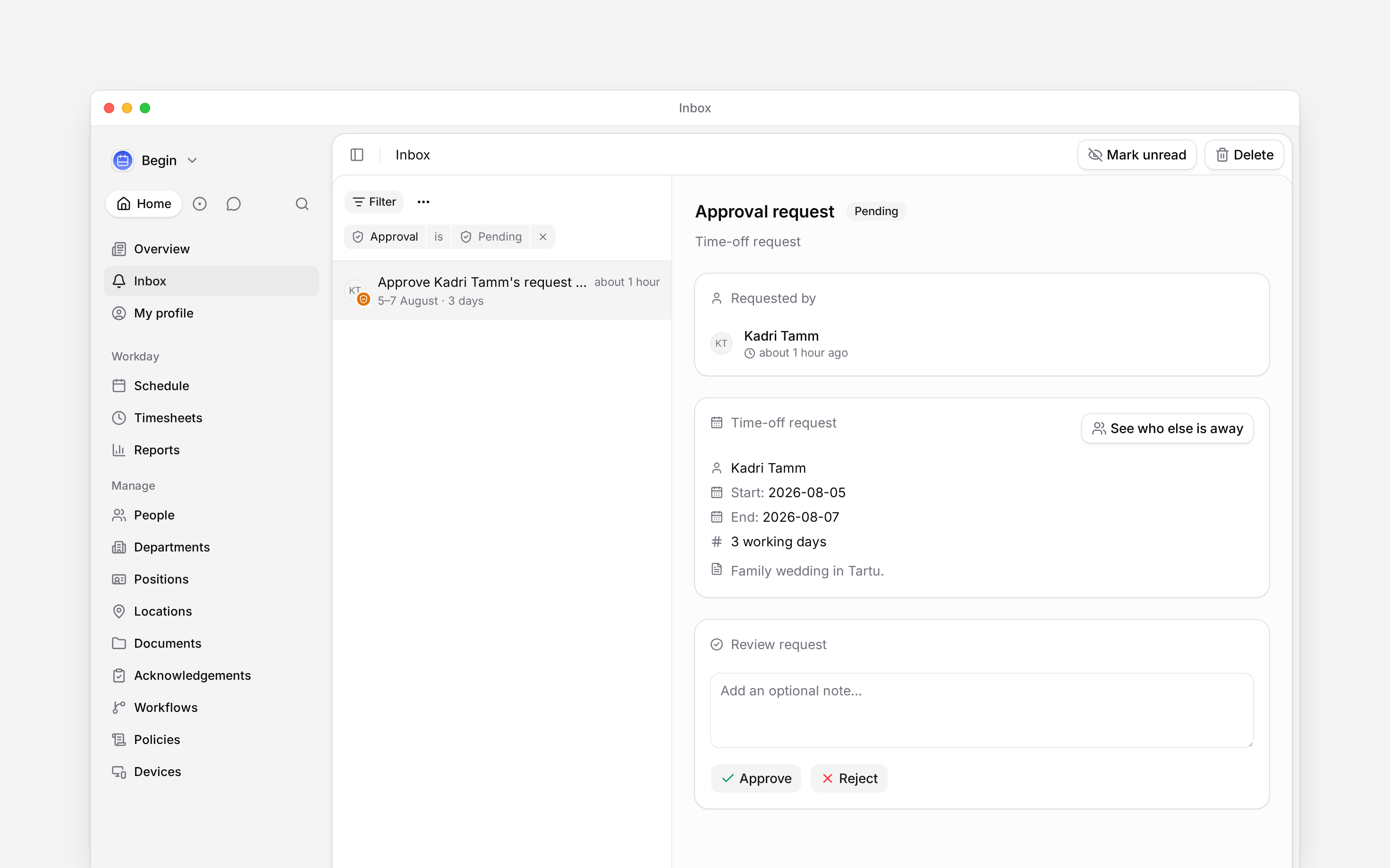 The inbox narrowed to a pending approval with the Approval filter chip above the list