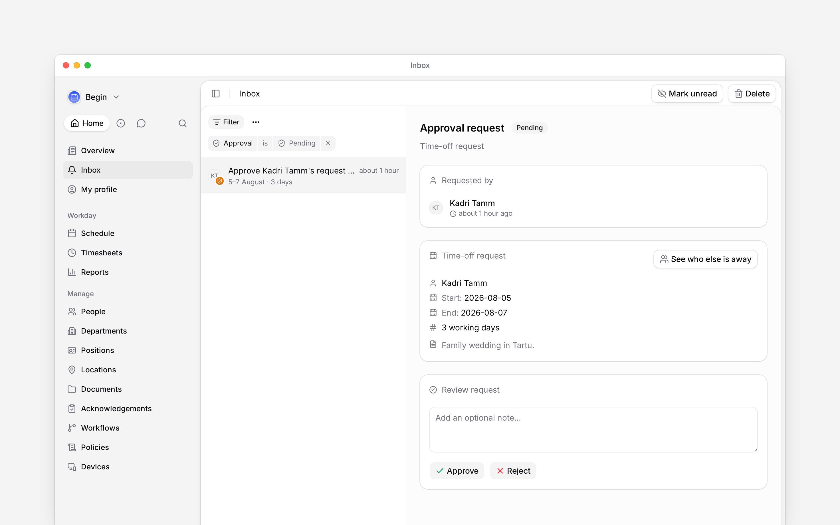 The inbox narrowed to a pending approval with the Approval filter chip above the list
