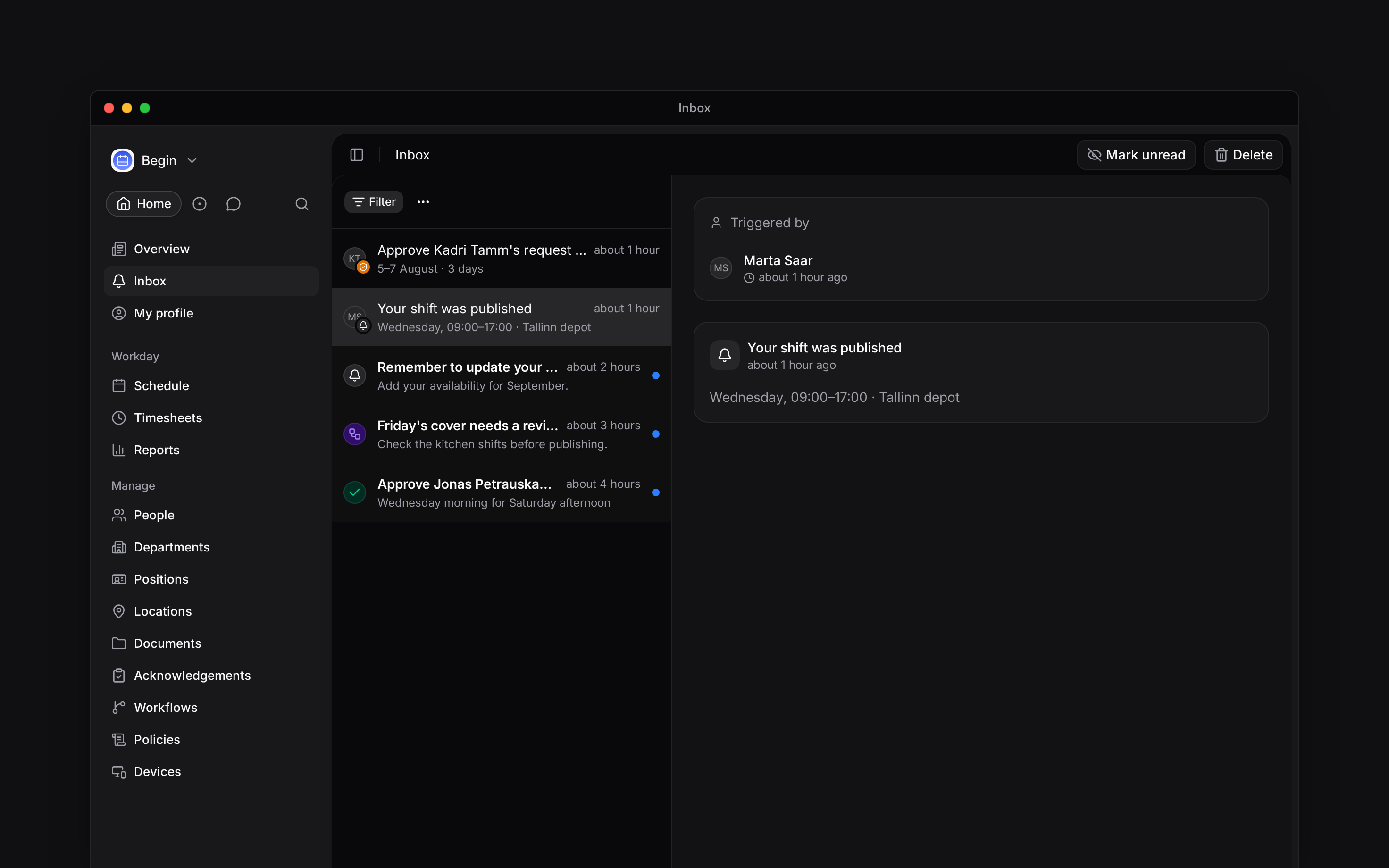 The Begin inbox with a list of updates beside a selected notification