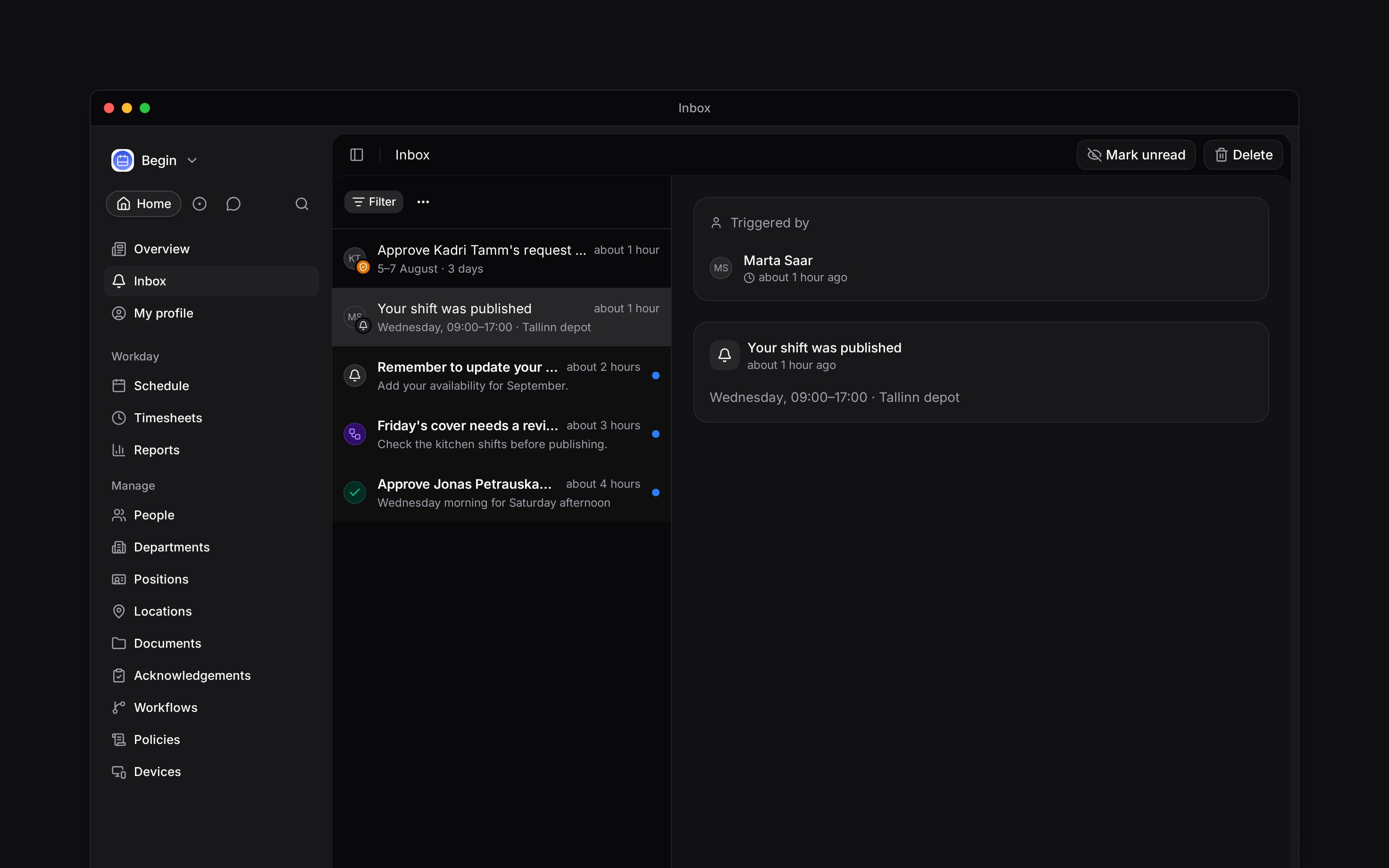 The Begin inbox with a list of updates beside a selected notification