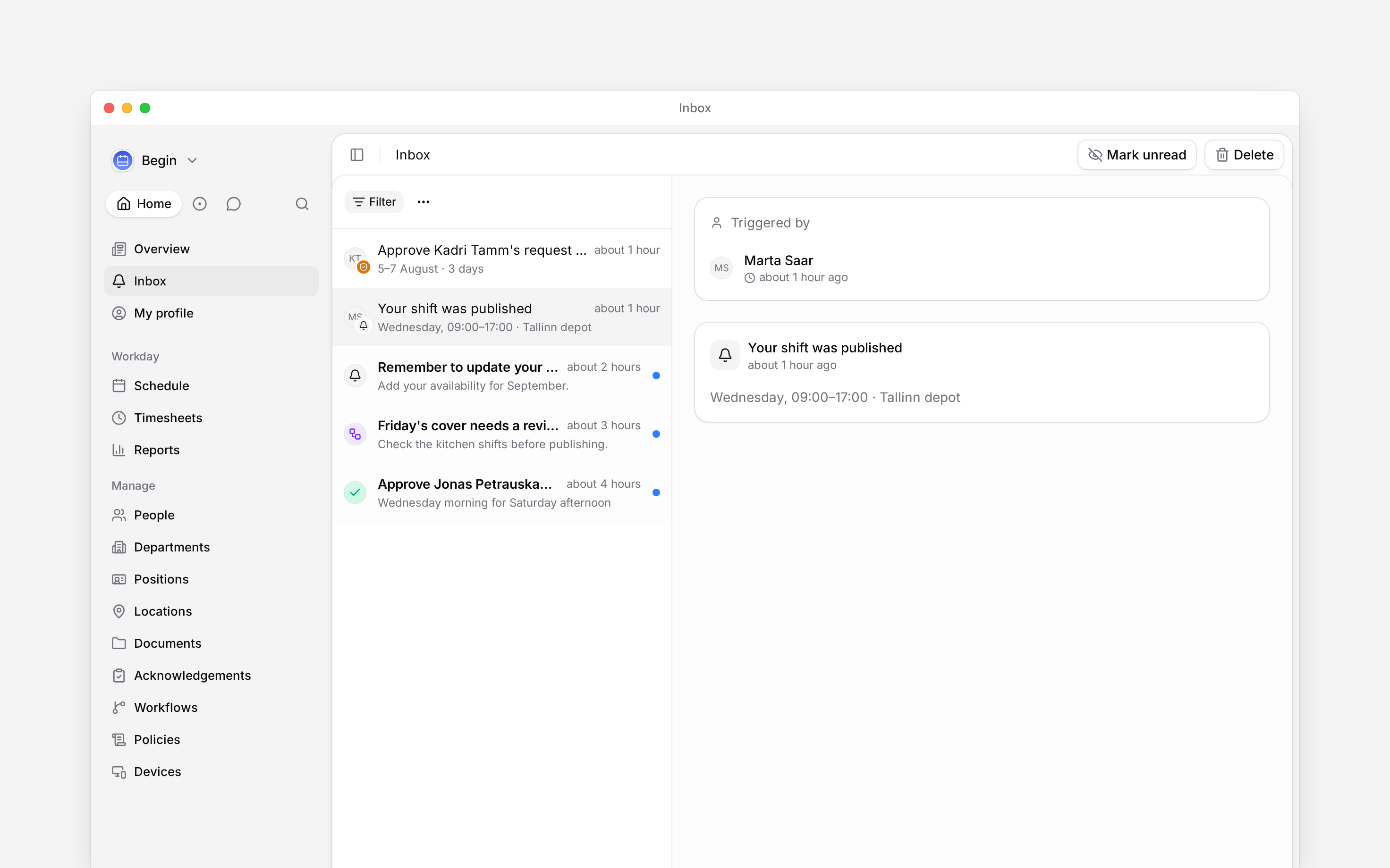 The Begin inbox with a list of updates beside a selected notification