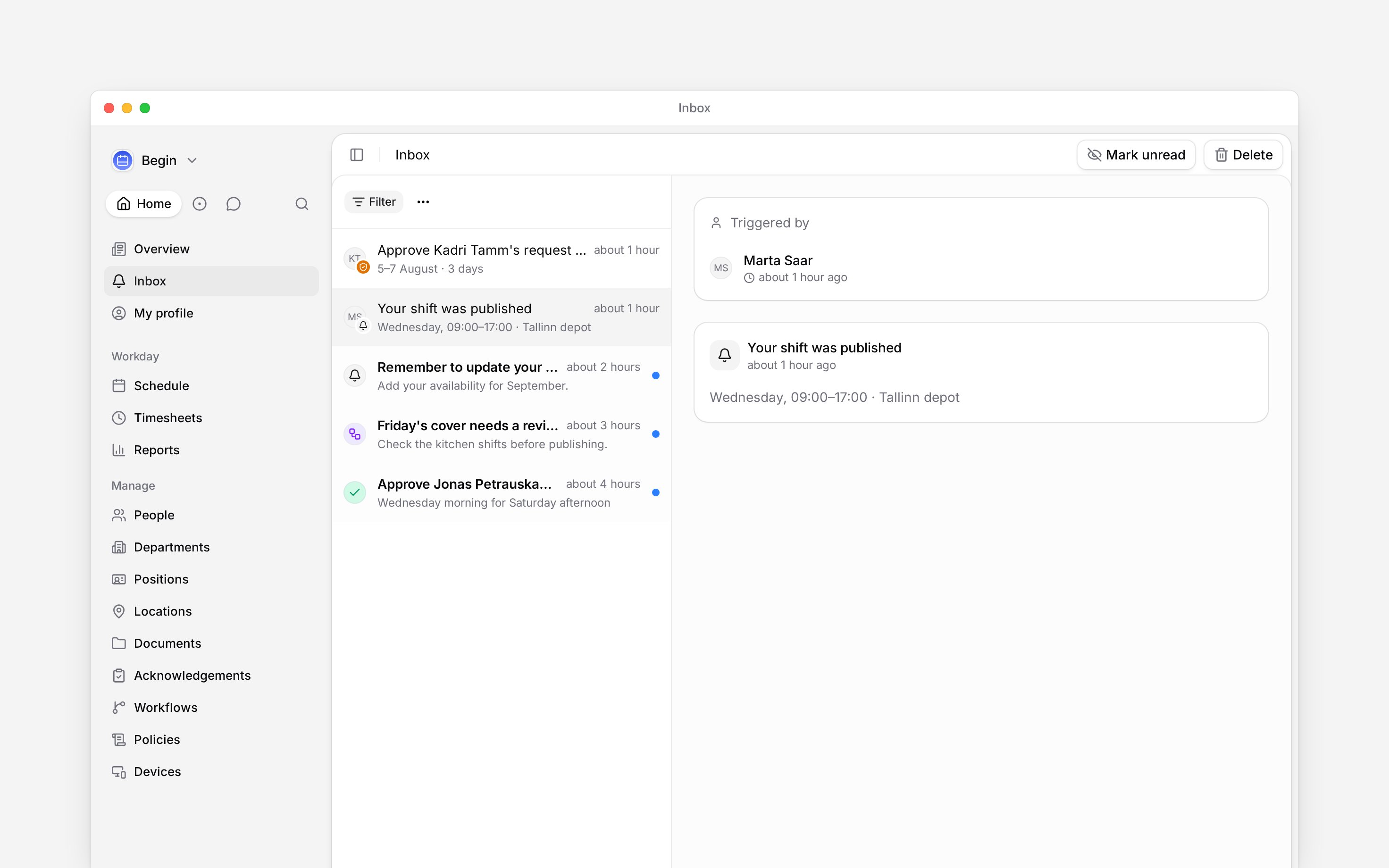 The Begin inbox with a list of updates beside a selected notification