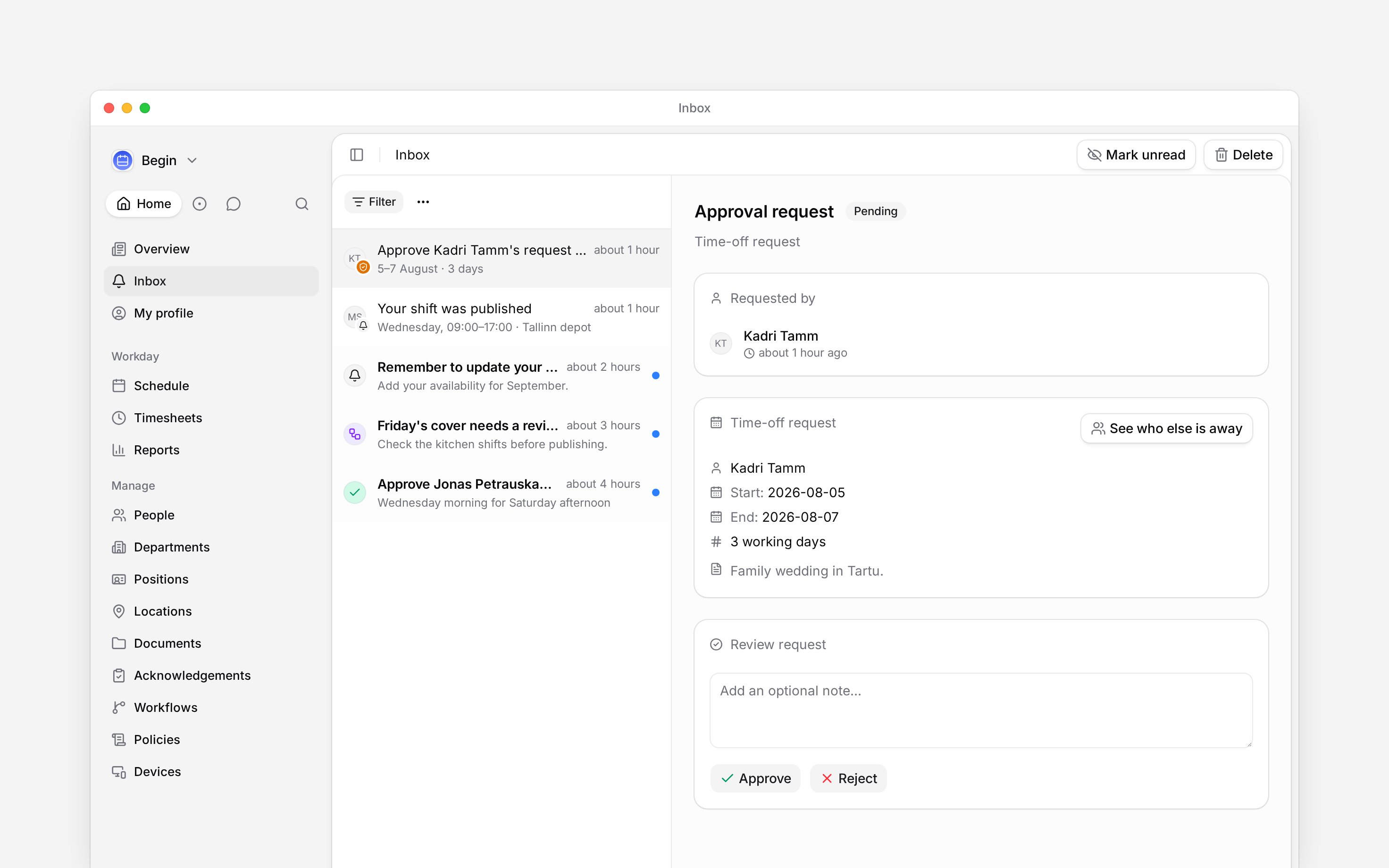 A pending annual leave request with its dates, reason and review controls
