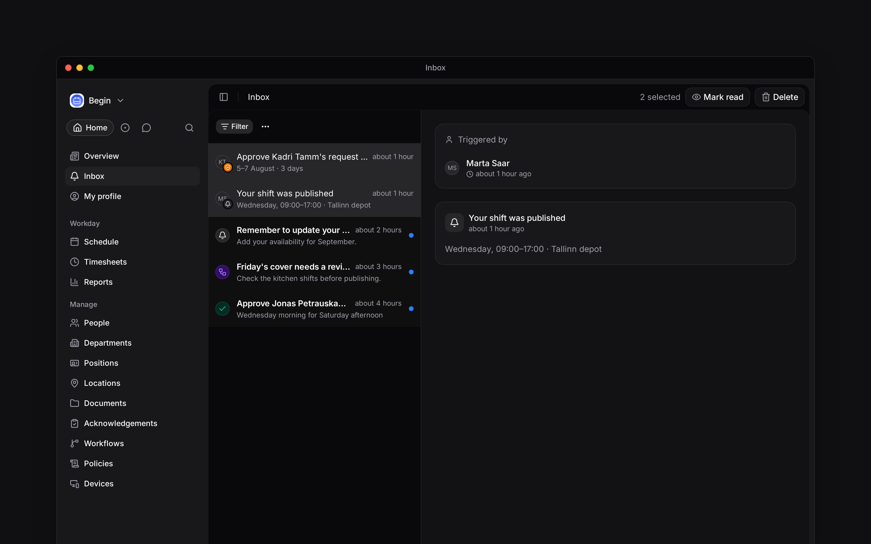 Two inbox rows selected with Mark read and Delete actions in the header
