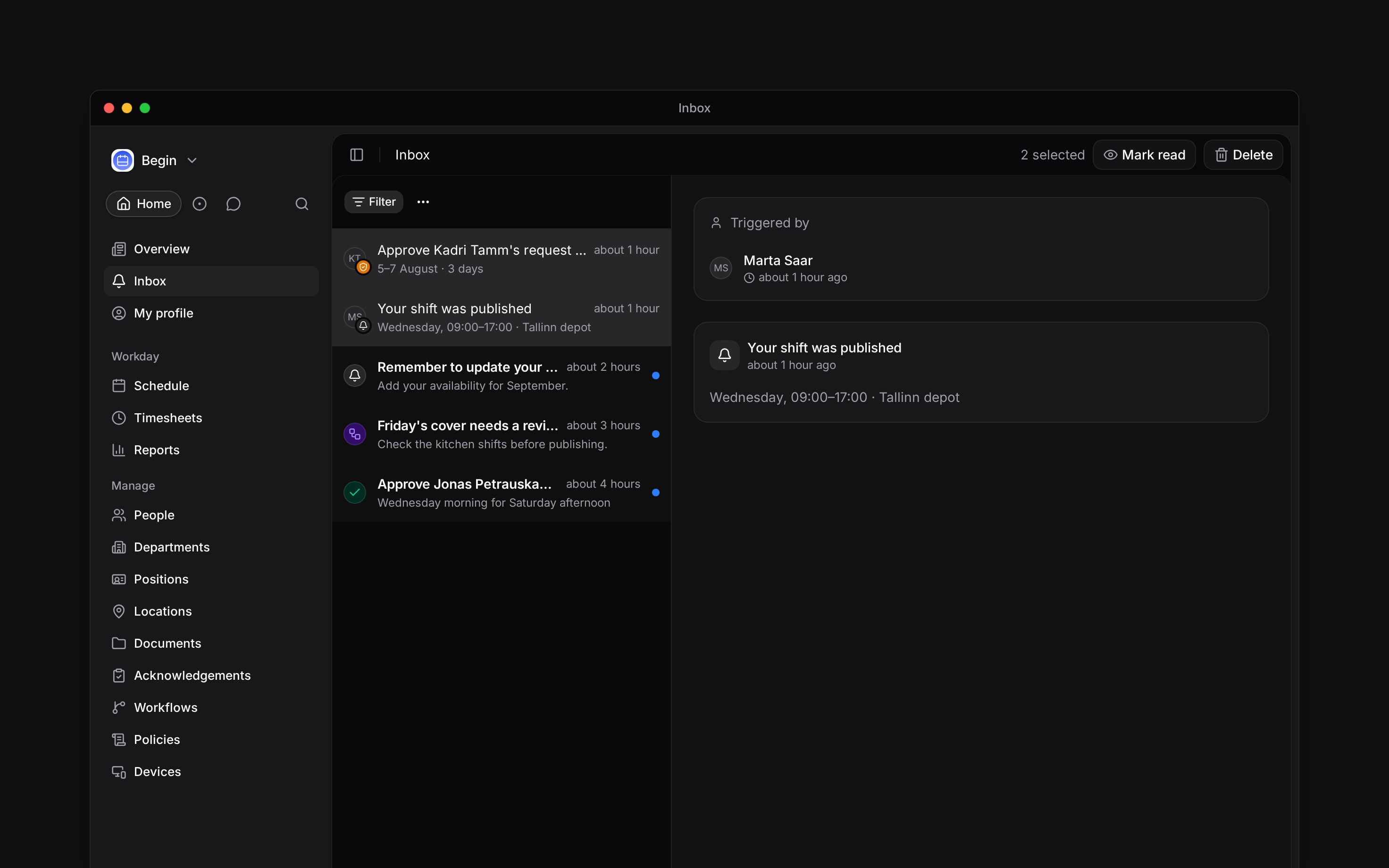 Two inbox rows selected with Mark read and Delete actions in the header