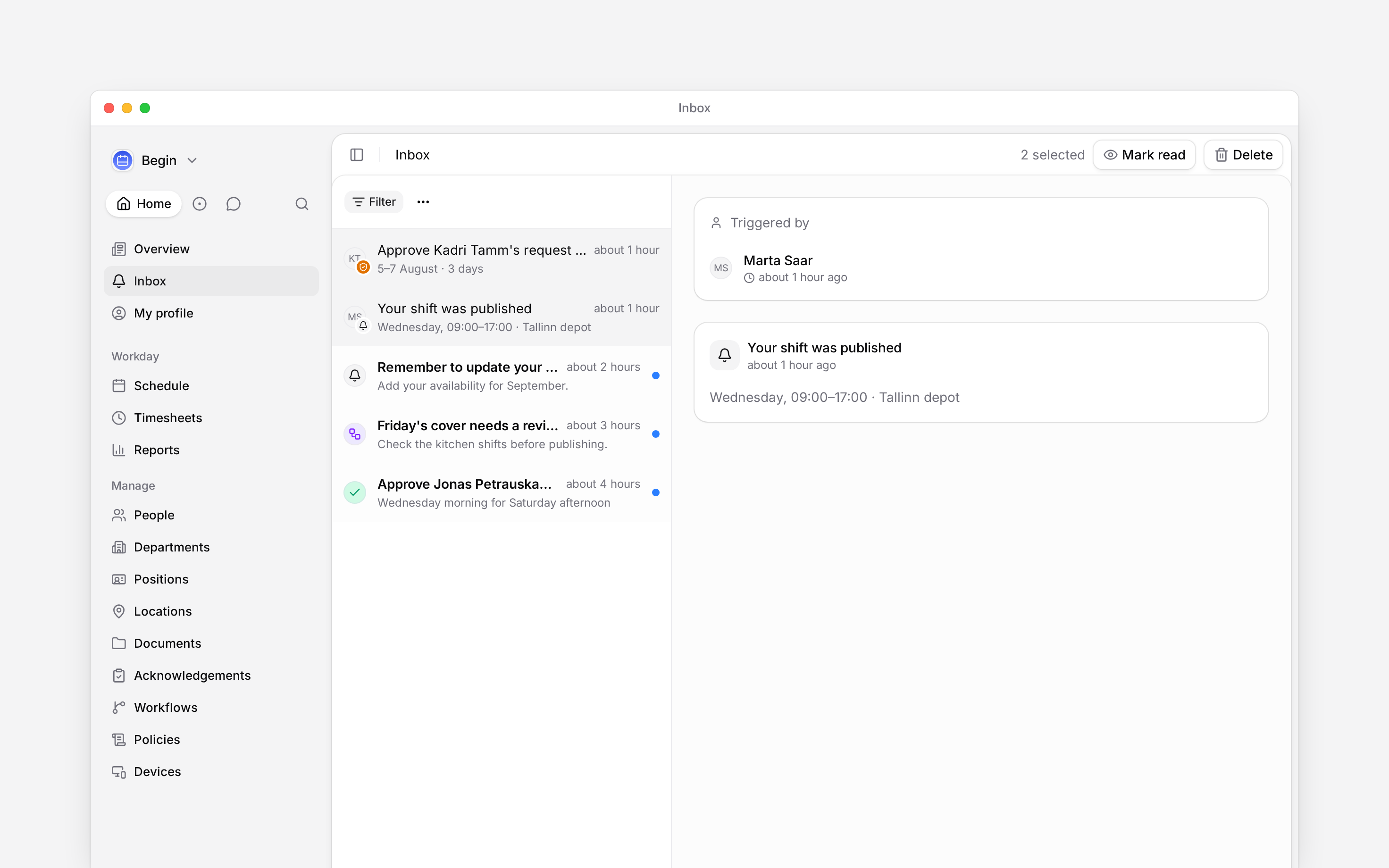 Two inbox rows selected with Mark read and Delete actions in the header
