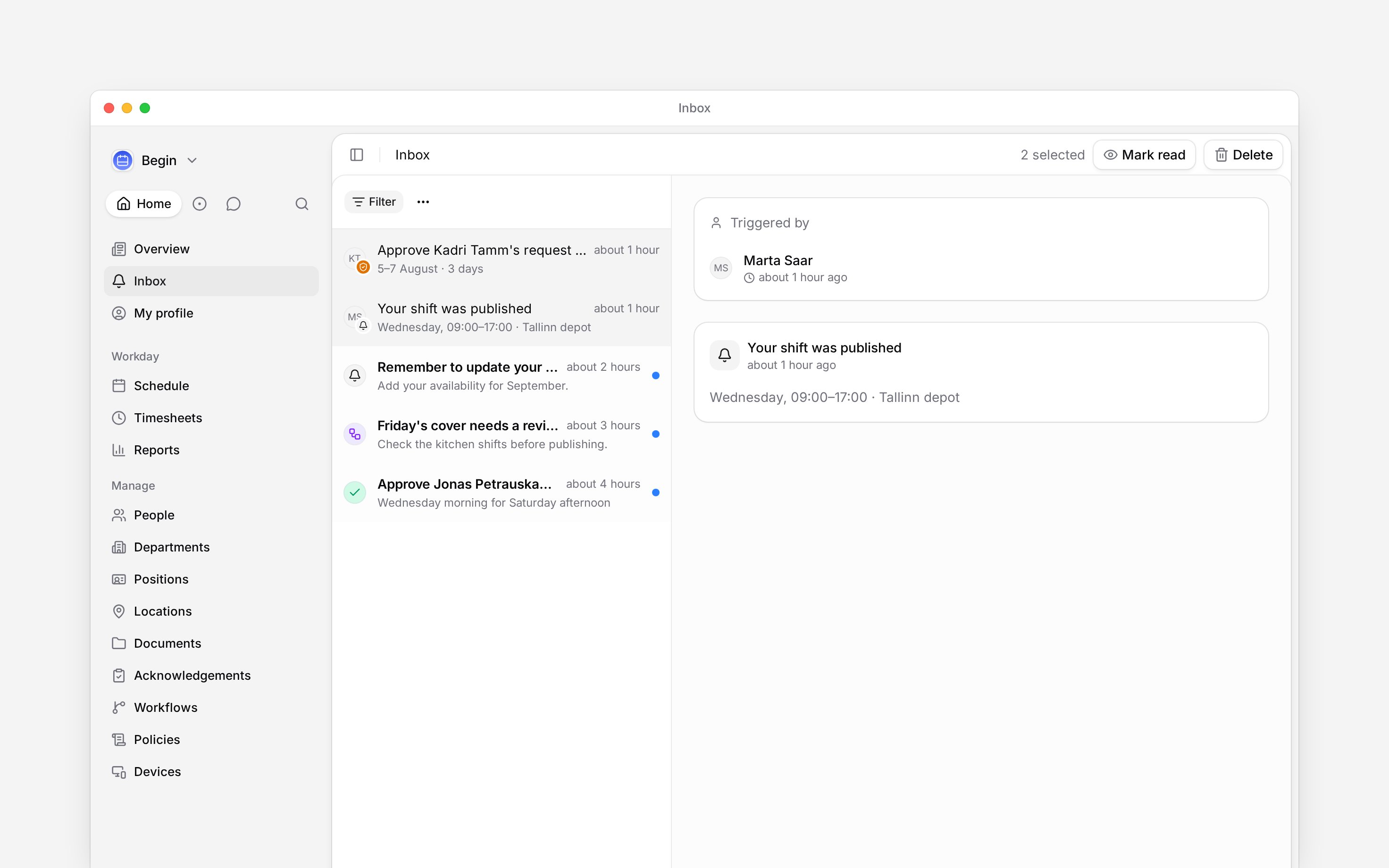 Two inbox rows selected with Mark read and Delete actions in the header