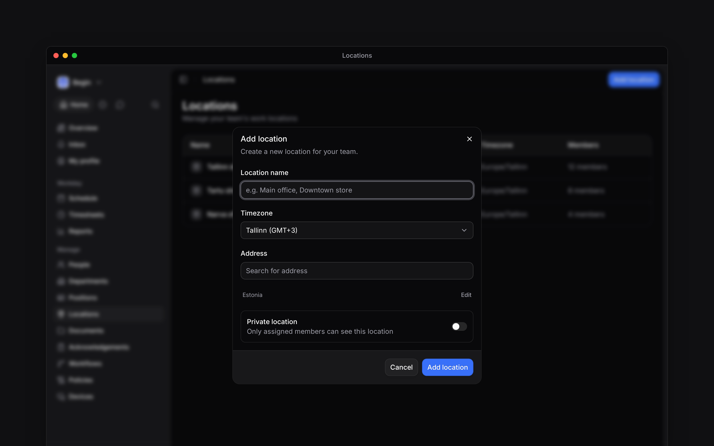 The Add location form with the location name, timezone, Address and optional address details