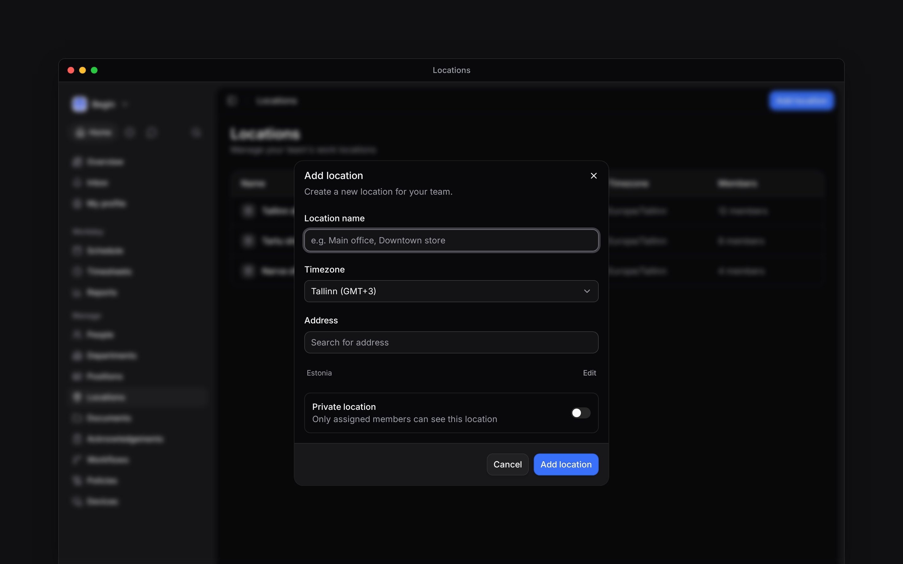 The Add location form with the location name, timezone, Address and optional address details
