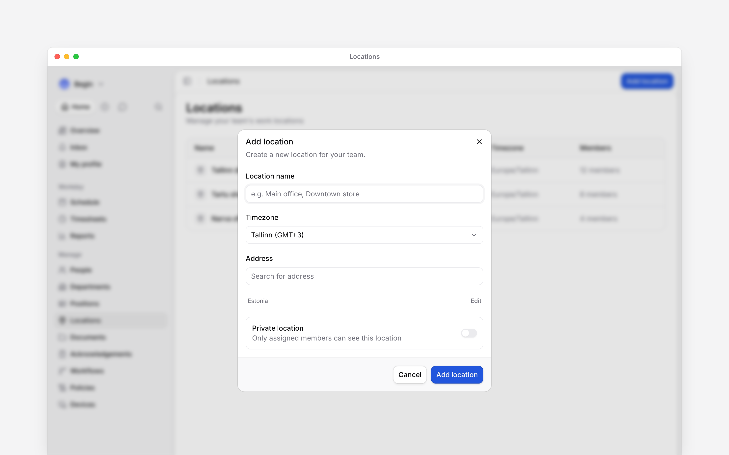 The Add location form with the location name, timezone, Address and optional address details