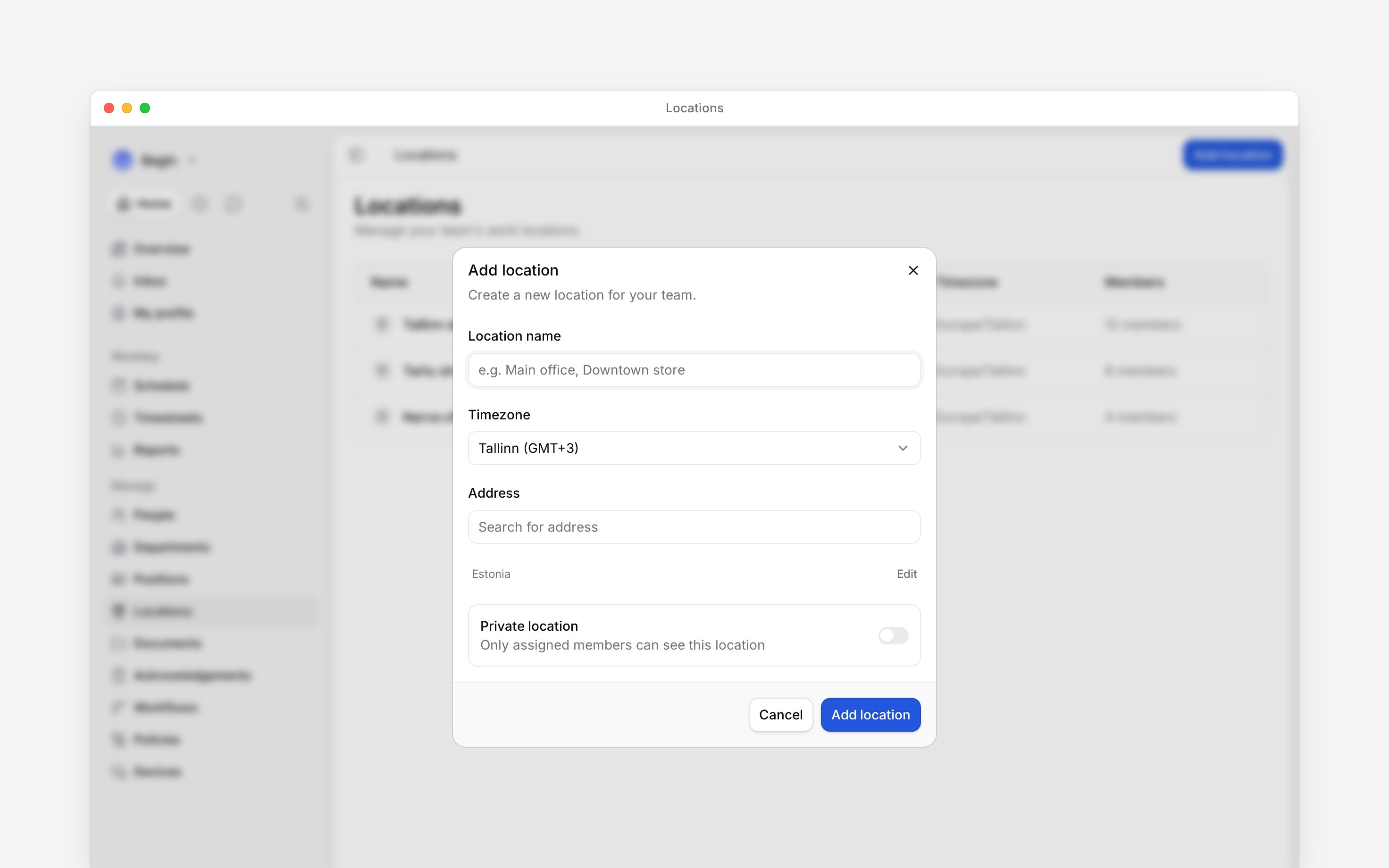 The Add location form with the location name, timezone, Address and optional address details