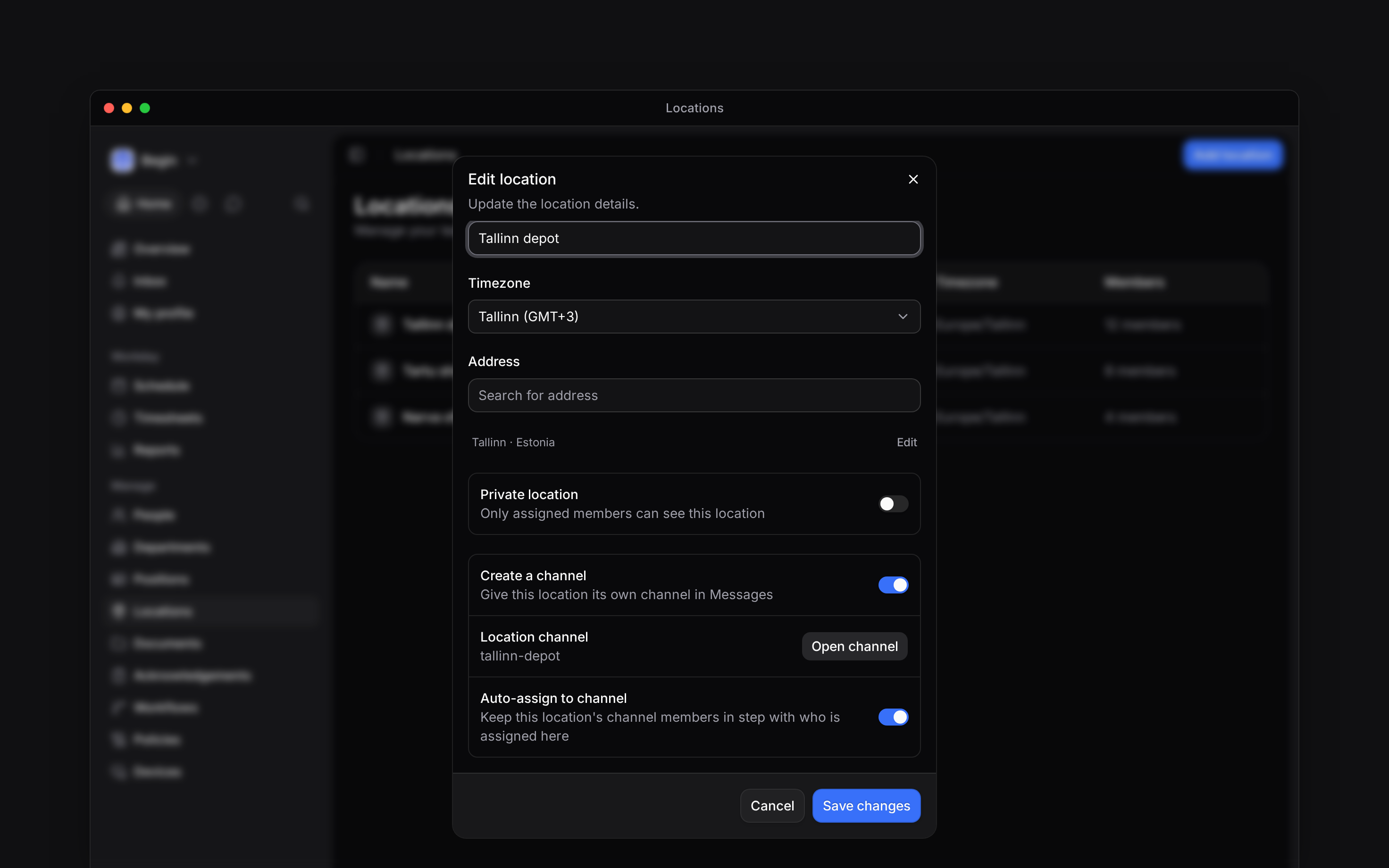 The location editor’s channel section showing Create a channel, the linked tallinn-depot channel, Open channel and Auto-assign to channel