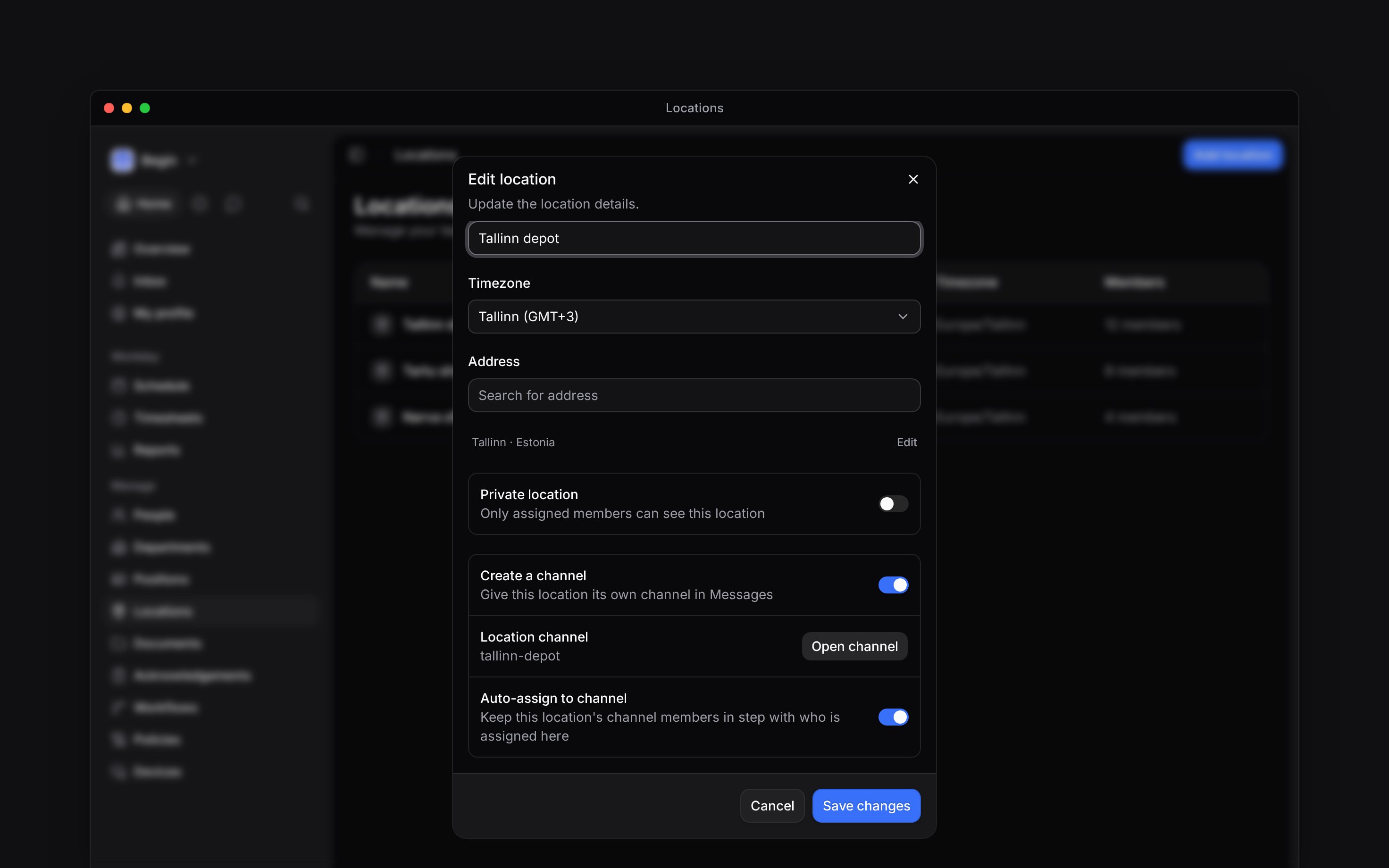 The location editor’s channel section showing Create a channel, the linked tallinn-depot channel, Open channel and Auto-assign to channel