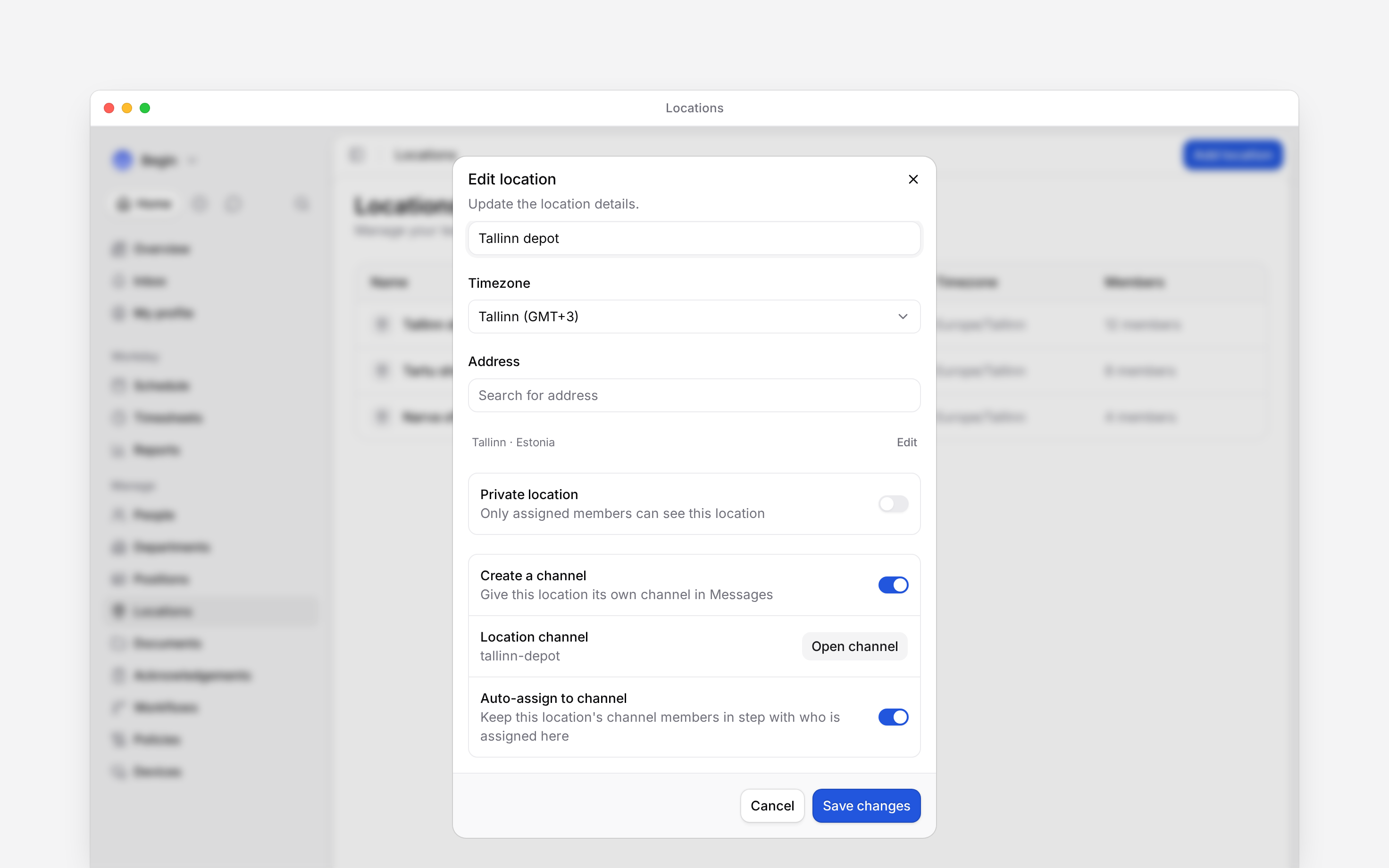 The location editor’s channel section showing Create a channel, the linked tallinn-depot channel, Open channel and Auto-assign to channel