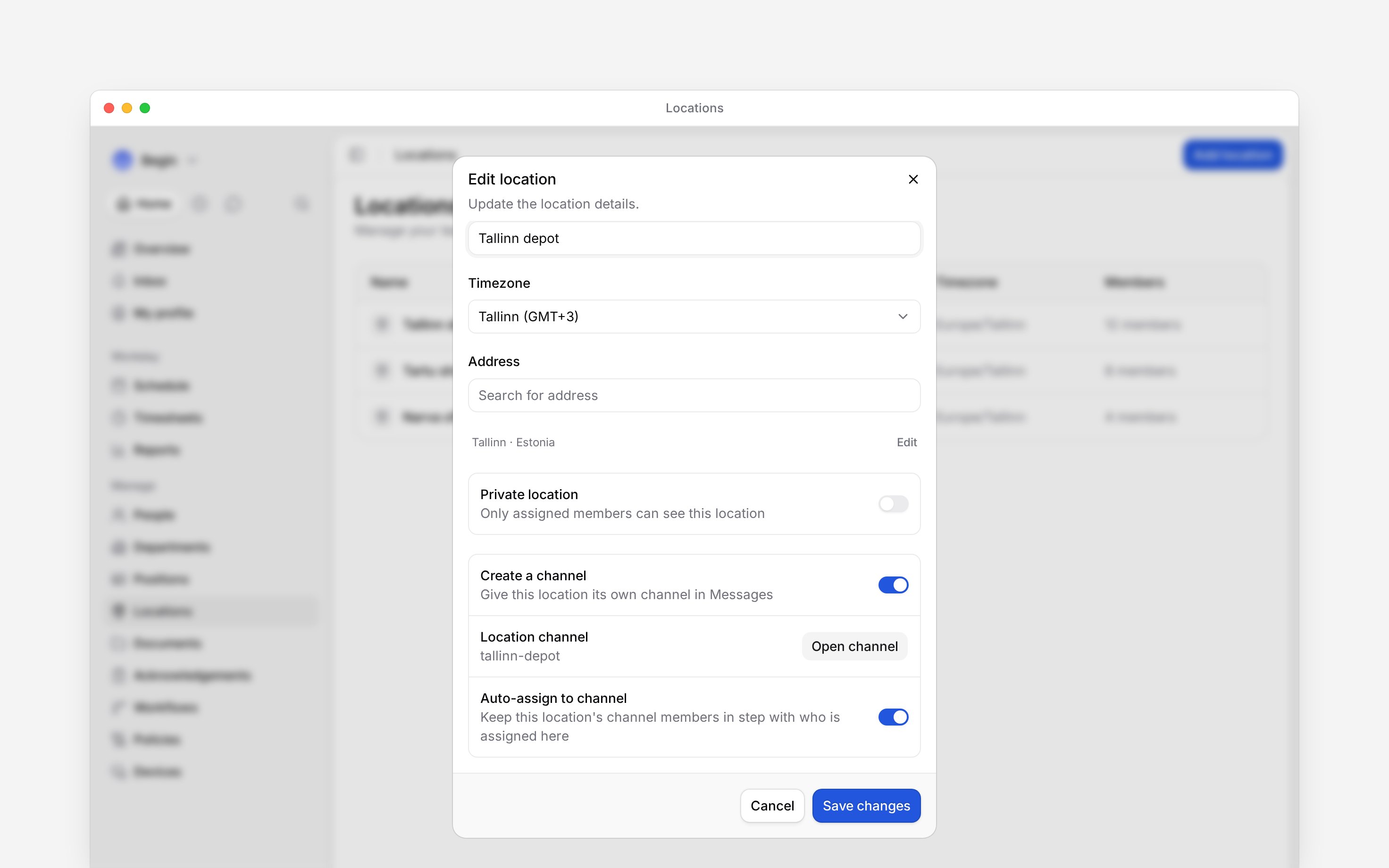 The location editor’s channel section showing Create a channel, the linked tallinn-depot channel, Open channel and Auto-assign to channel