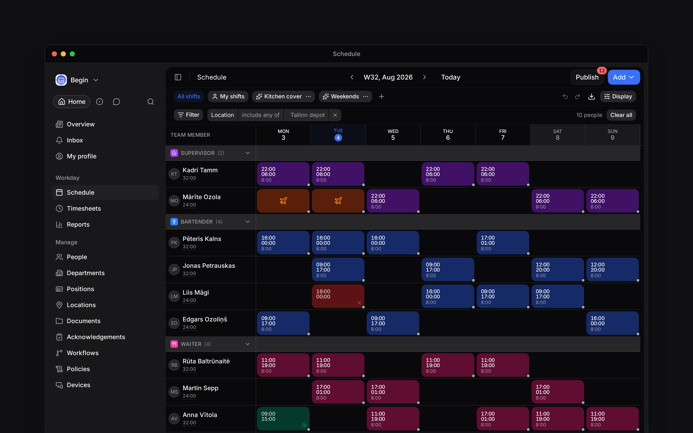 A week of the schedule with the Tallinn depot location filter applied above the grid