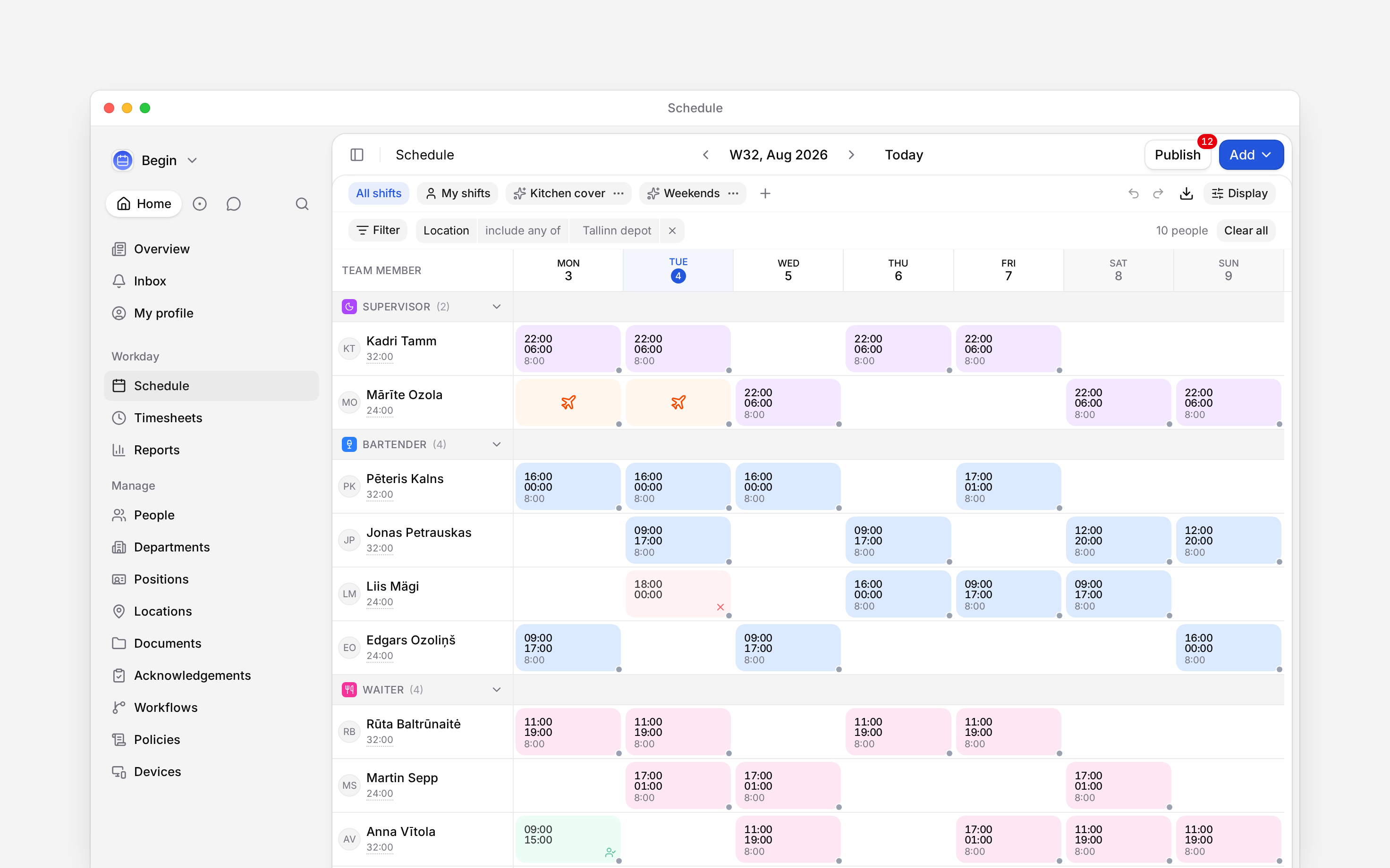 A week of the schedule with the Tallinn depot location filter applied above the grid