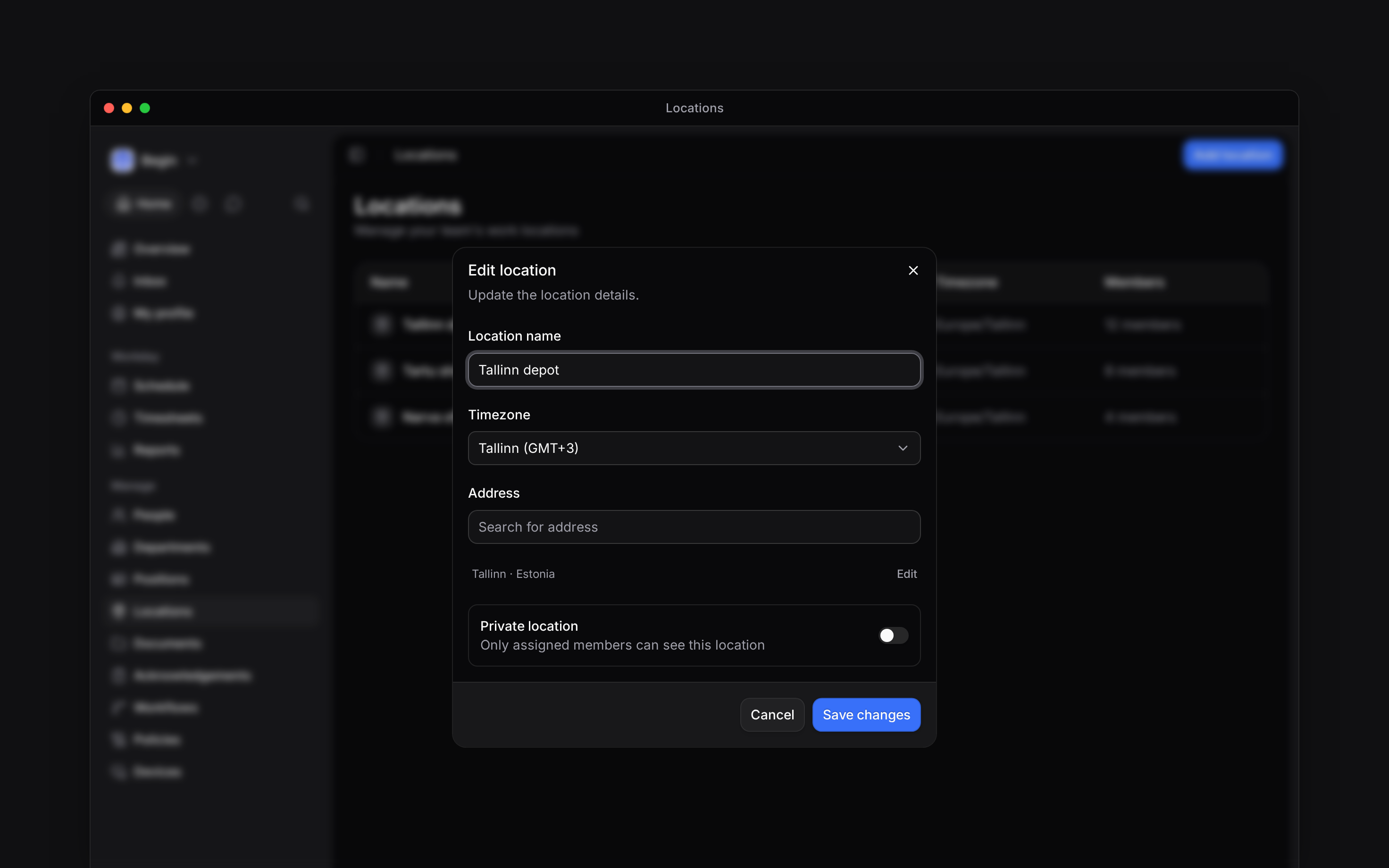 The Edit location form for Tallinn depot with its timezone, address summary and Save changes button