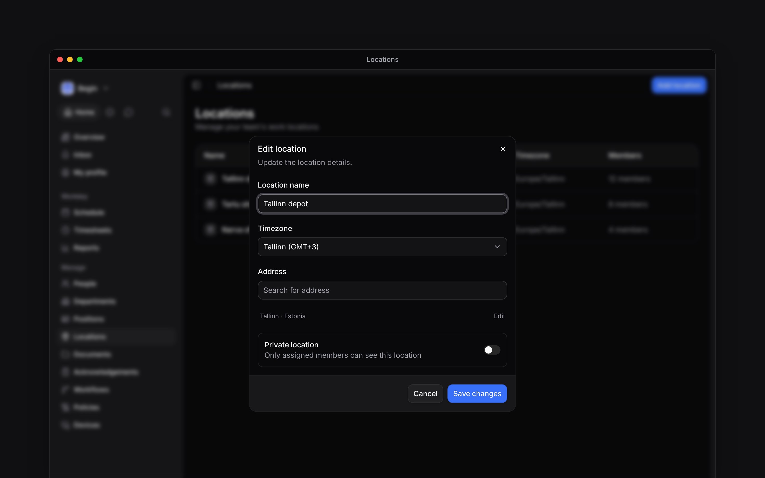 The Edit location form for Tallinn depot with its timezone, address summary and Save changes button
