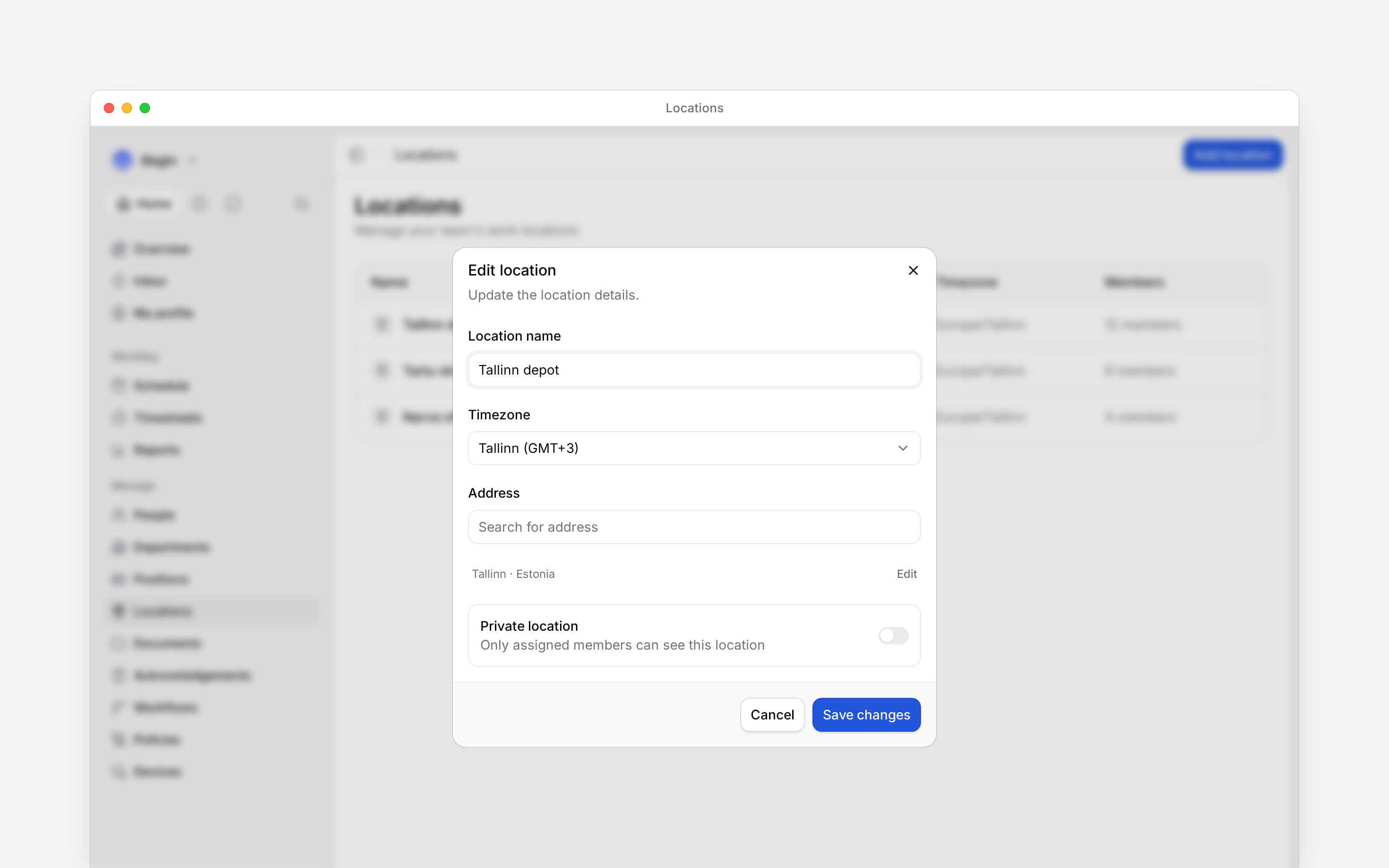 The Edit location form for Tallinn depot with its timezone, address summary and Save changes button