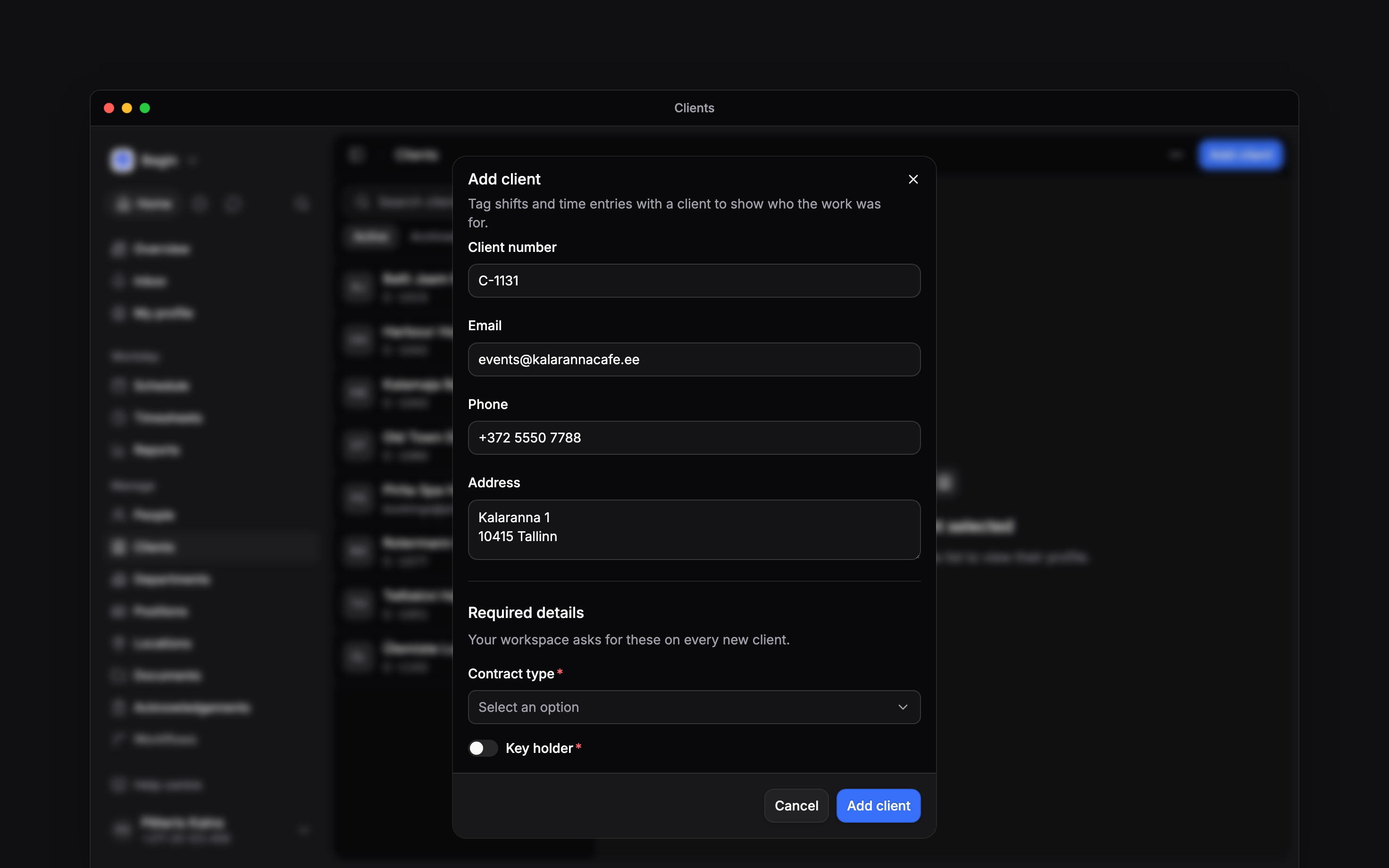 The Add client form over the Clients page, scrolled to its foot: a client number, email, phone and address, then Contract type and Key holder under Required details