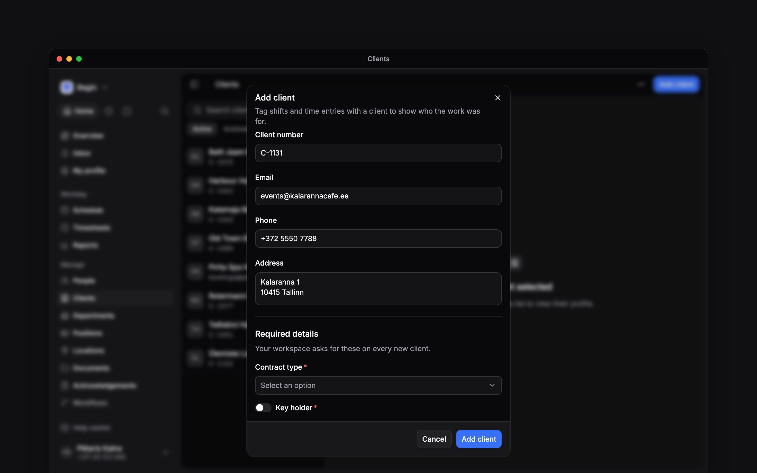 The Add client form over the Clients page, scrolled to its foot: a client number, email, phone and address, then Contract type and Key holder under Required details