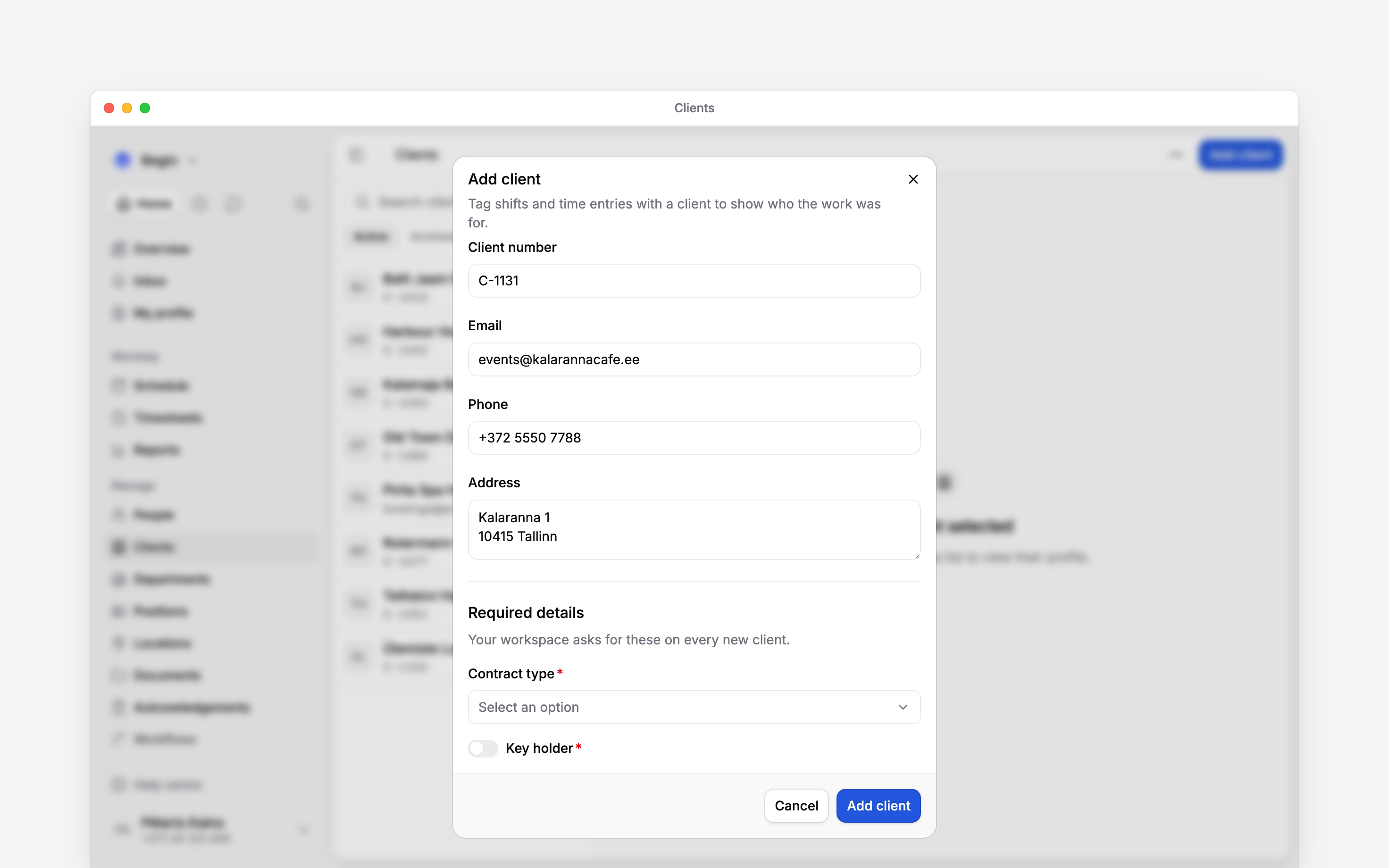 The Add client form over the Clients page, scrolled to its foot: a client number, email, phone and address, then Contract type and Key holder under Required details