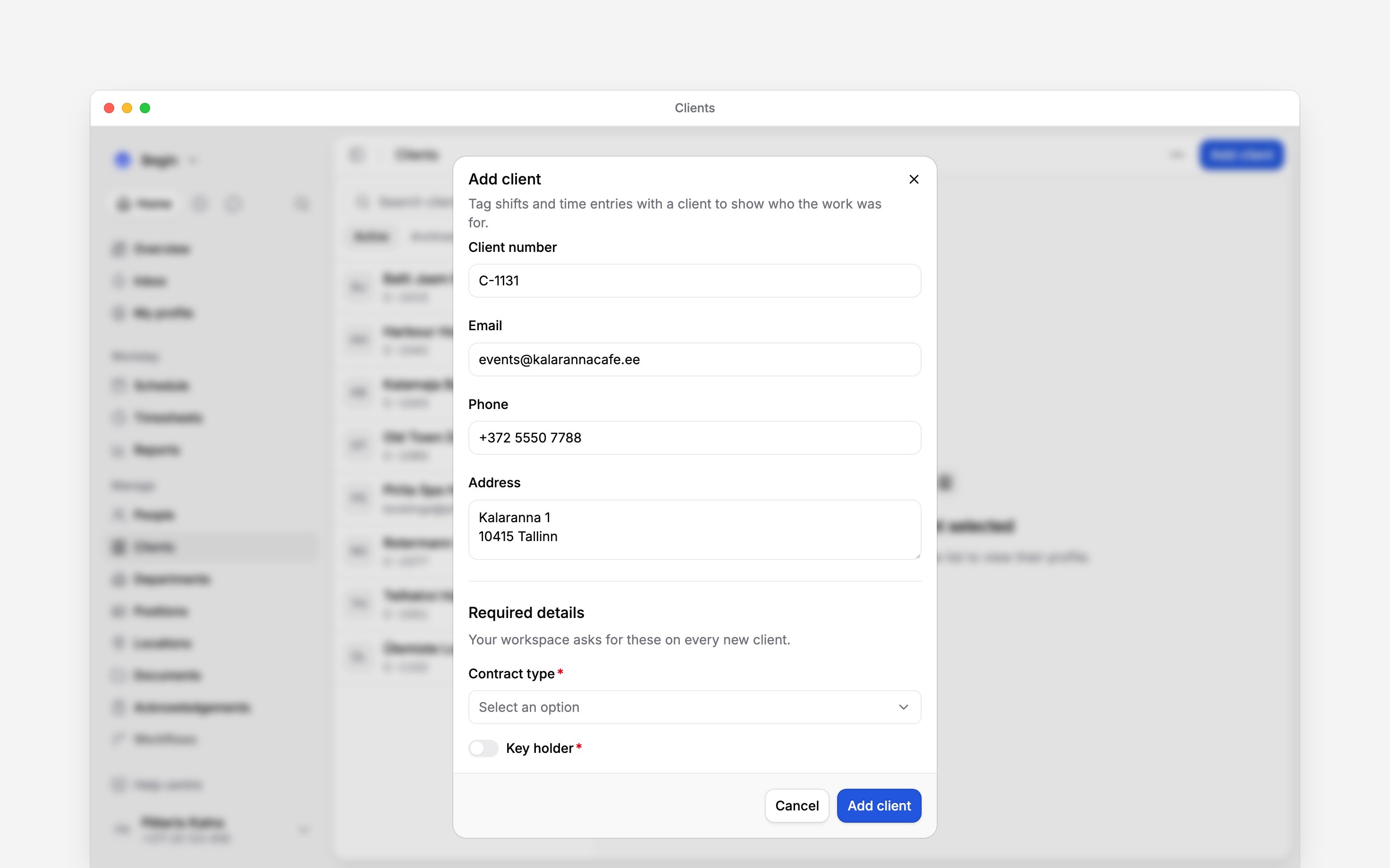 The Add client form over the Clients page, scrolled to its foot: a client number, email, phone and address, then Contract type and Key holder under Required details