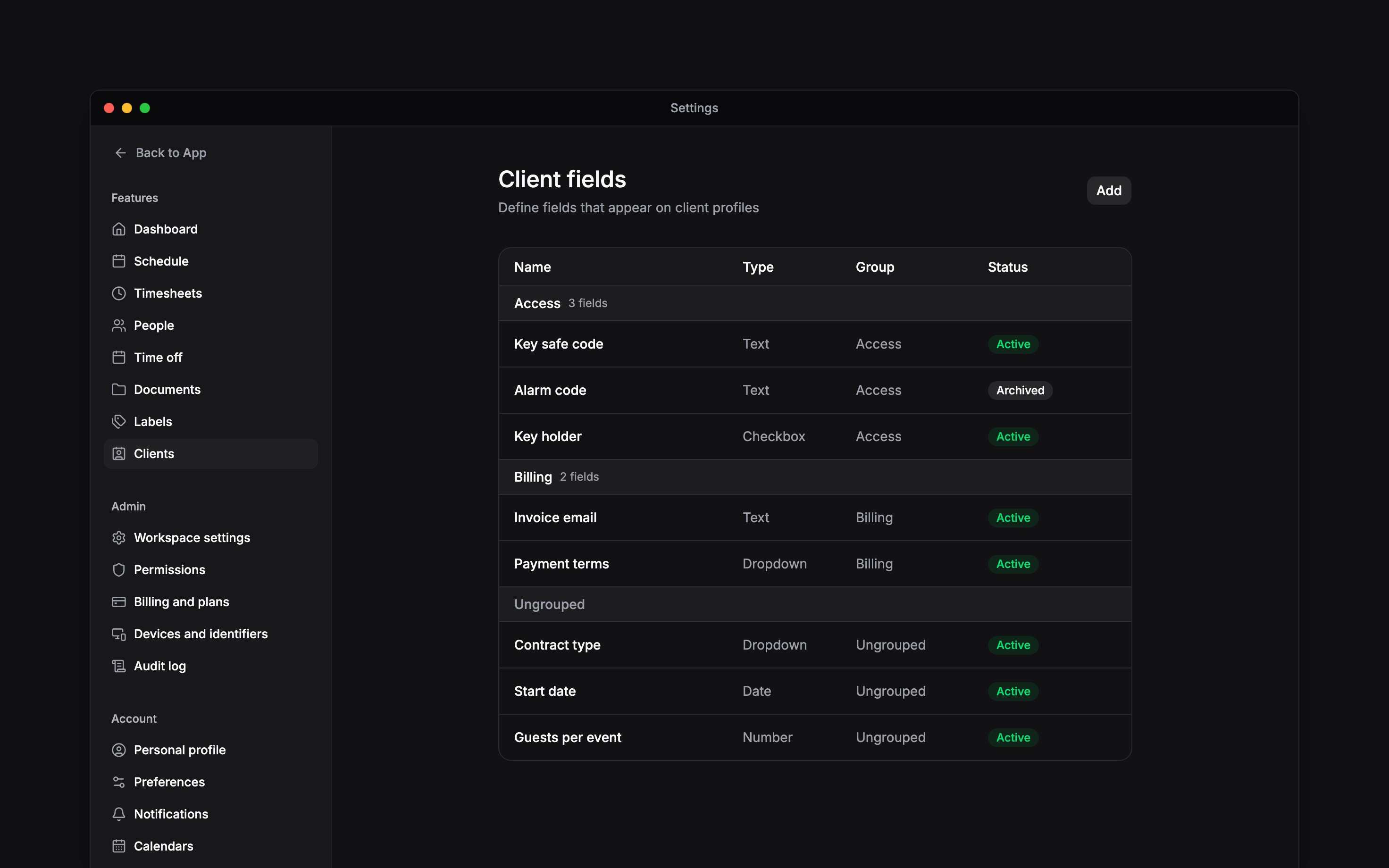 Client fields in Settings: Access and Billing groups with their fields and counts, an archived Alarm code field, and three ungrouped fields