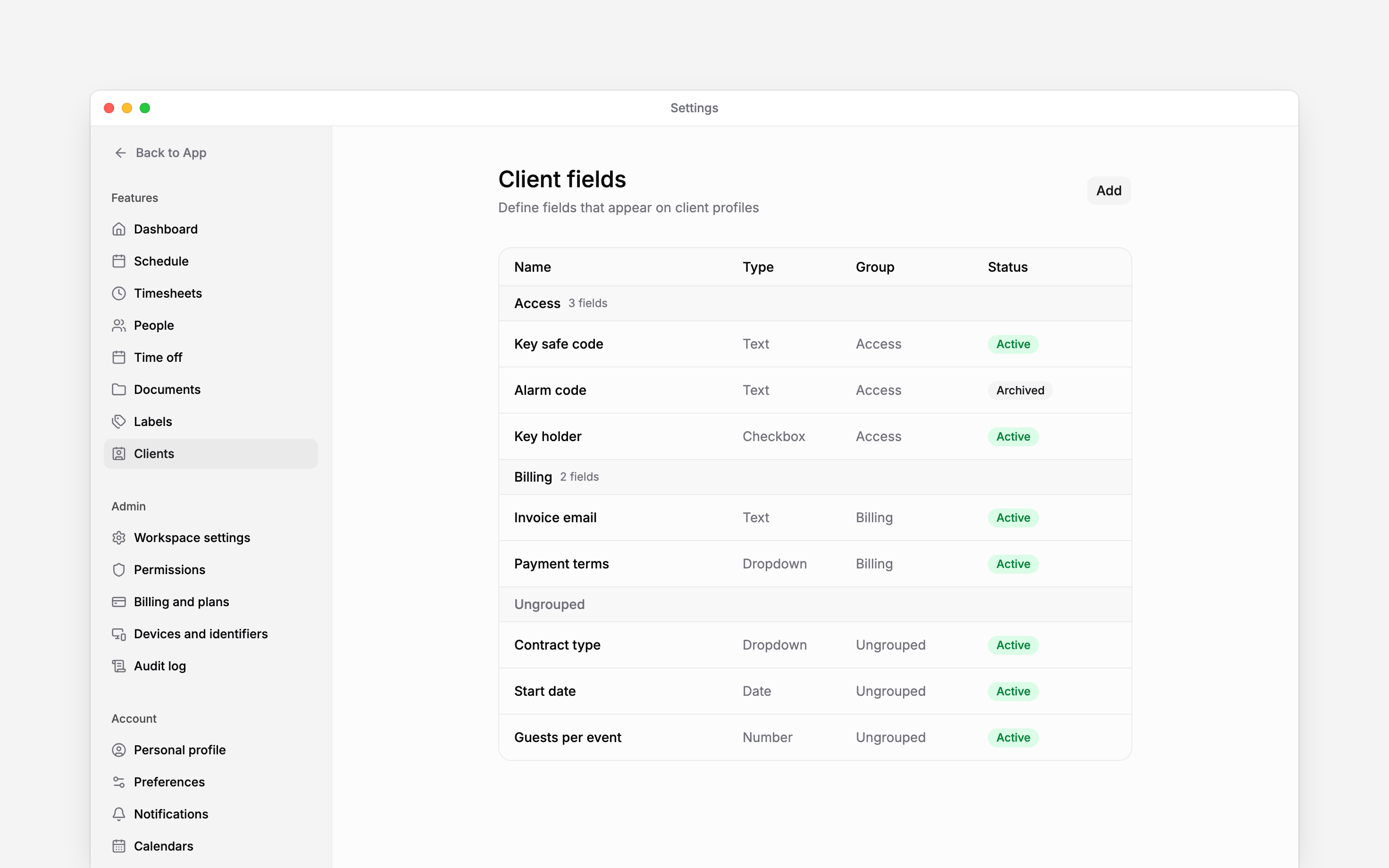 Client fields in Settings: Access and Billing groups with their fields and counts, an archived Alarm code field, and three ungrouped fields